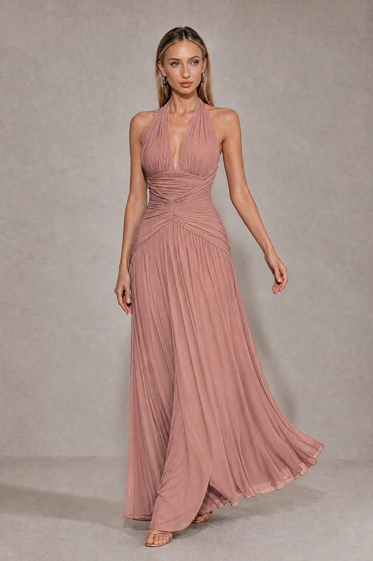 BOLODOO Dusty Rose Chiffon Halter Deep V-Neck Ruched A-Line Backless Maxi Dress with Train-BD0167 - Dusty Rose - Dusty Rose_4