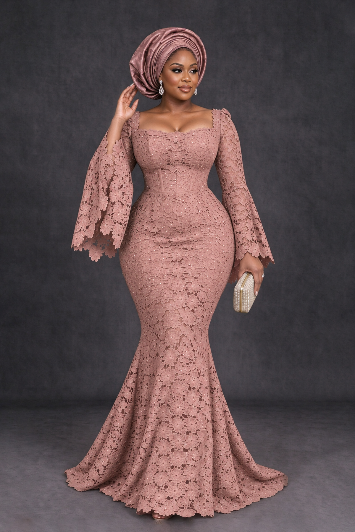 BOLODOO Dusty Rose African Lace Mermaid Dress, Plus Size Nigerian Wedding Guest Gown with Bell Sleeves - Dusty Rose - Dusty Rose_4