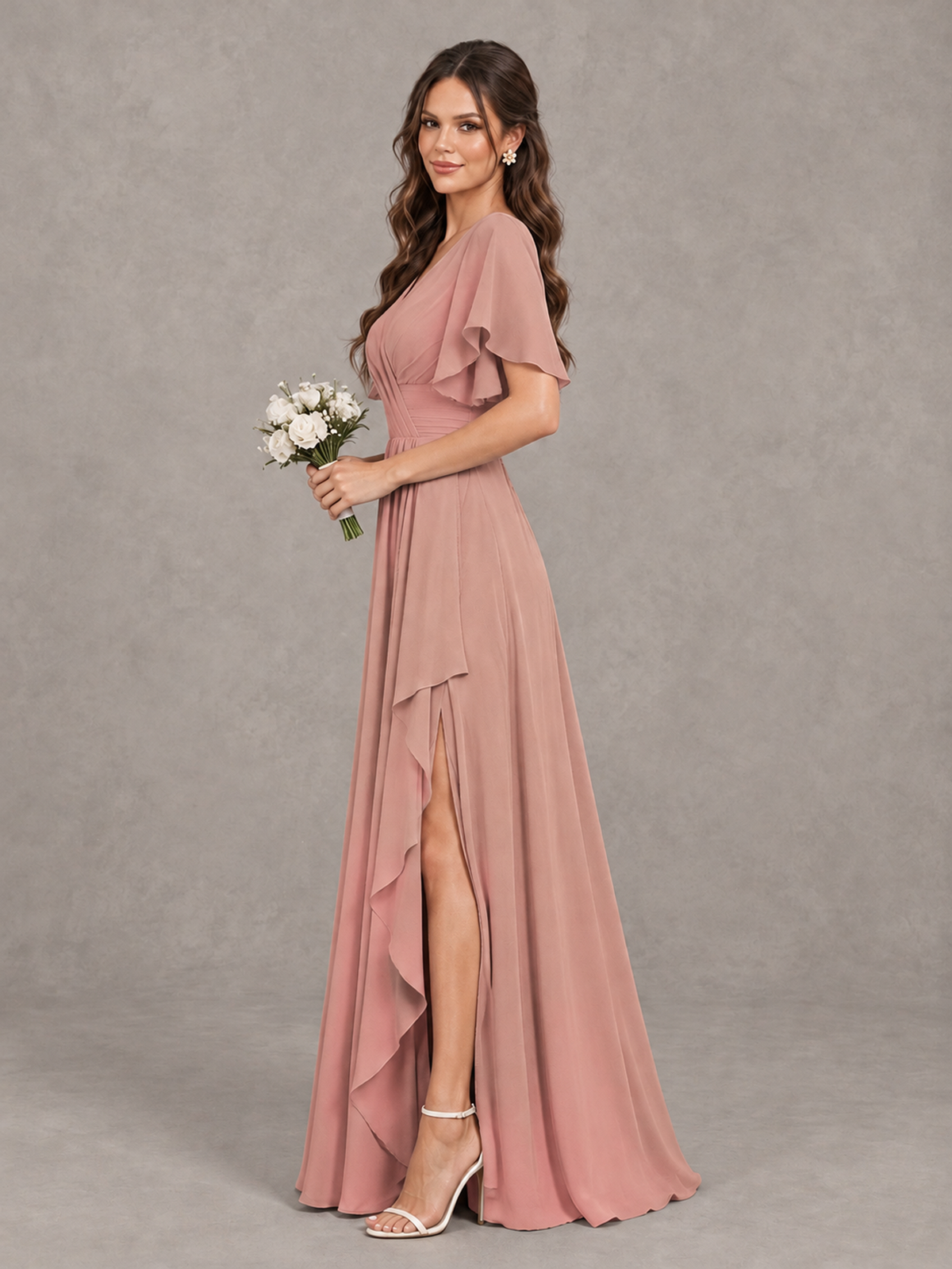 BOLODOO Dusty Rose Flutter Sleeve V-Neck Bridesmaid Dress with Ruffle Slit - Dusty Rose - Dusty Rose_4