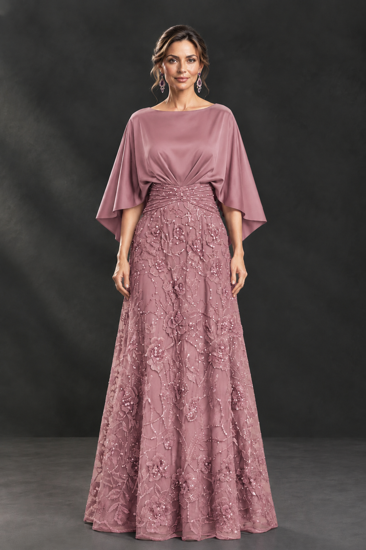 BOLODOO Dusty Rose Cape Sleeve Floral Mother of the Bride Dress - Dusty Rose - Dusty Rose_4