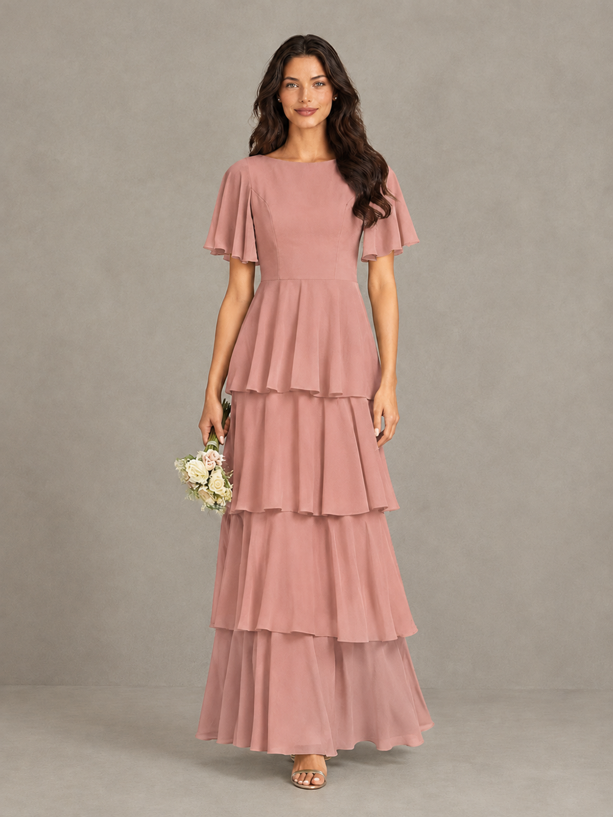 BOLODOO Dusty Rose Tiered Flutter Sleeve Bridesmaid Dress - Dusty Rose - Dusty Rose_4