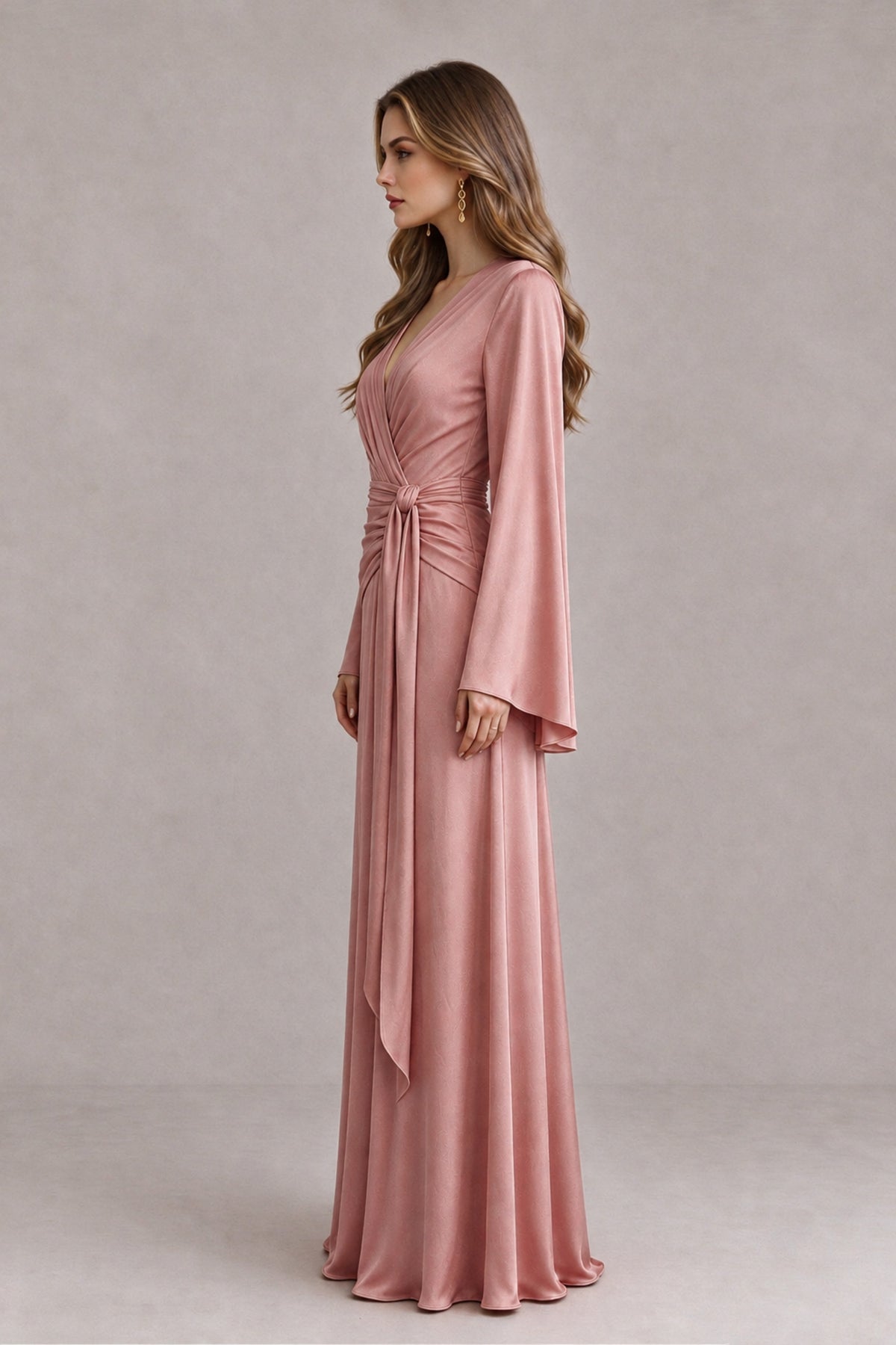 BOLODOO Dusty Rose Yellow Satin-Look V-Neck Long Bell Sleeve Evening Dress - Dusty Rose - Dusty_Rose_4