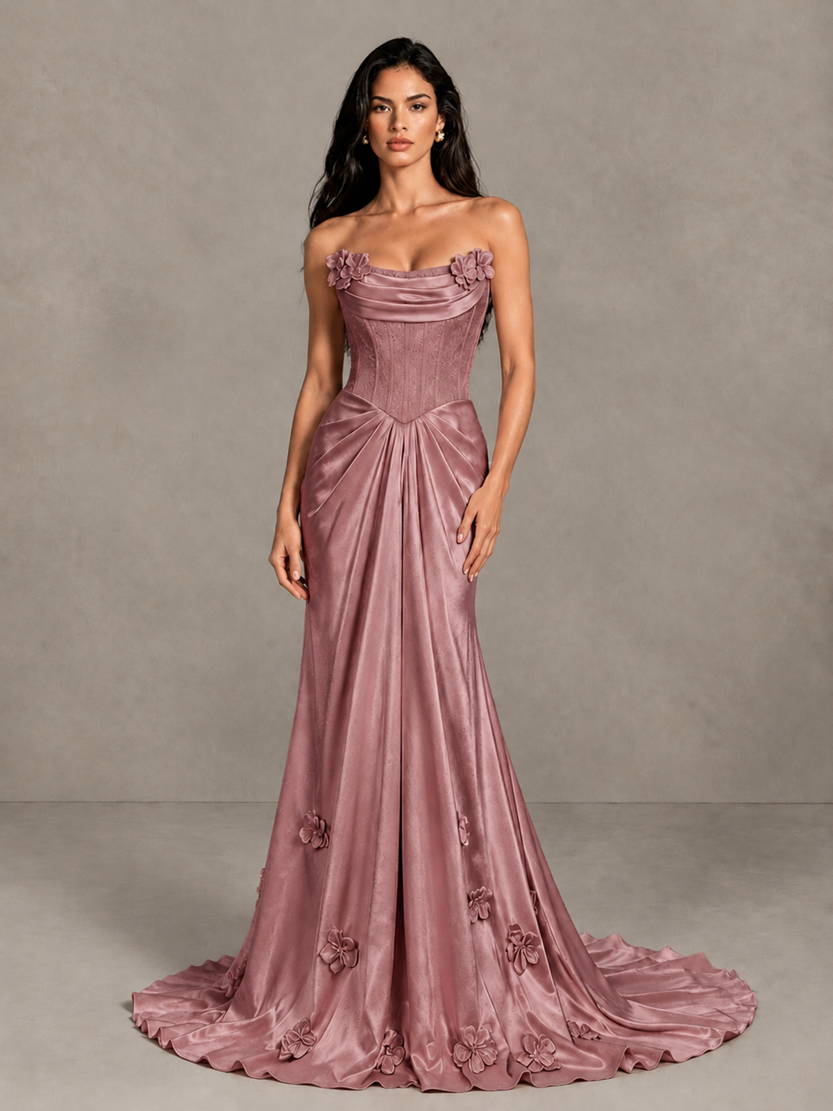 BOLODOO Dusty Rose Strapless Floral Corset Evening Gown with Train - Dusty Rose - Dusty Rose_4