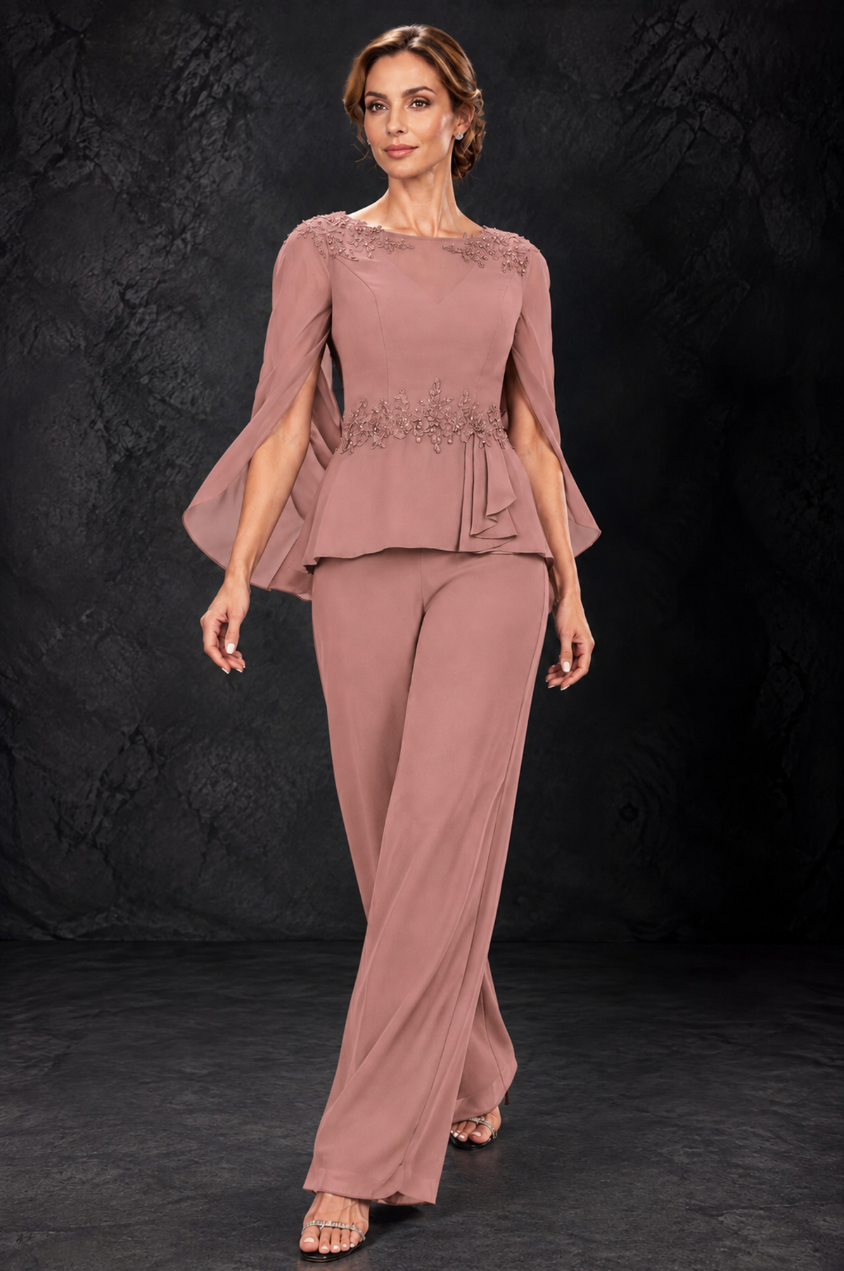 BOLODOO Dusty Rose Embellished Cape Sleeve Mother of the Bride Pantsuit - Dusty Rose - Dusty_Rose_4