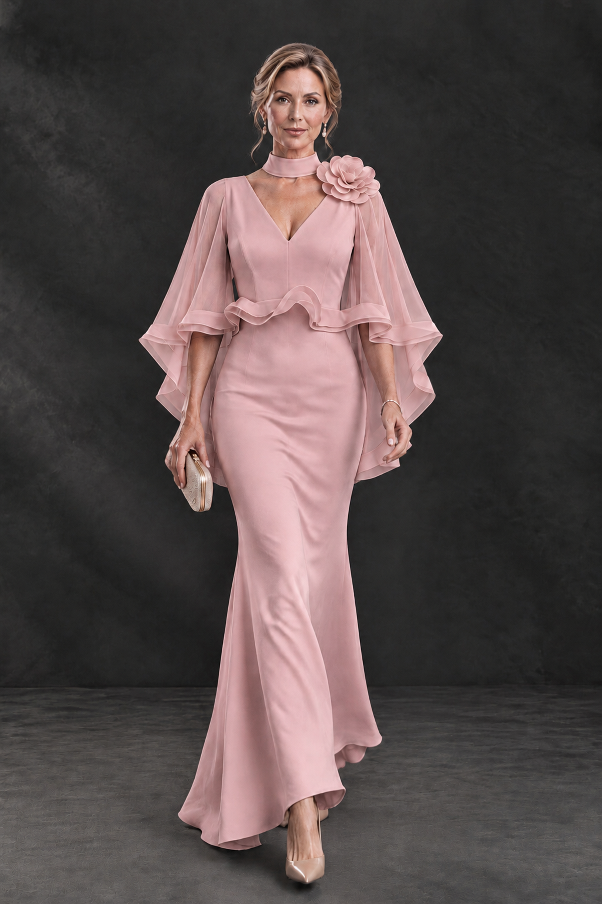 BOLODOO Dusty Rose Floral Cape Sleeve Mother of the Bride Dress - Dusty Rose - Dusty_Rose_4