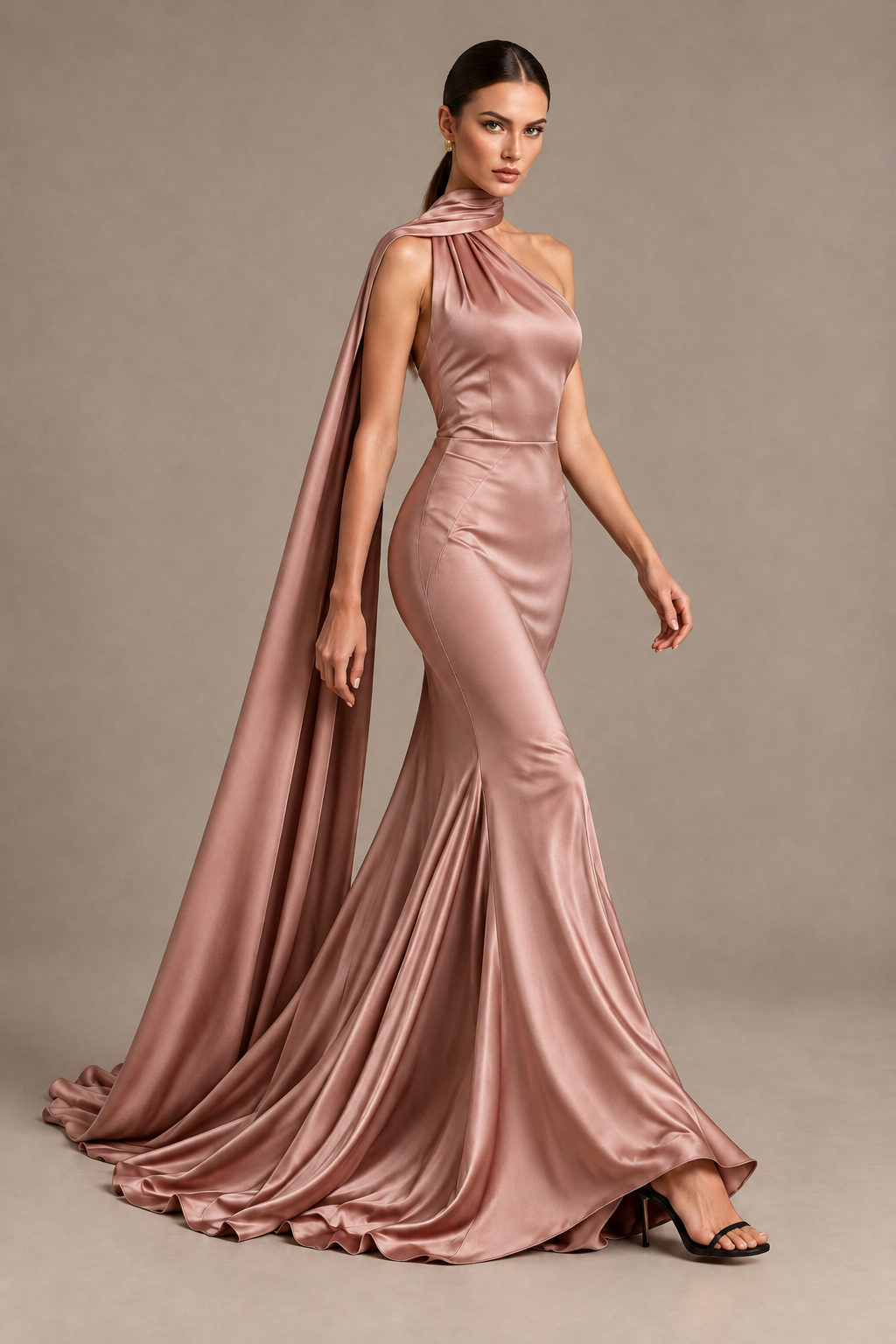 BOLODOO Dusty Rose One-Shoulder Satin Mermaid Evening Dress with Scarf - Dusty Rose - Dusty Rose_4