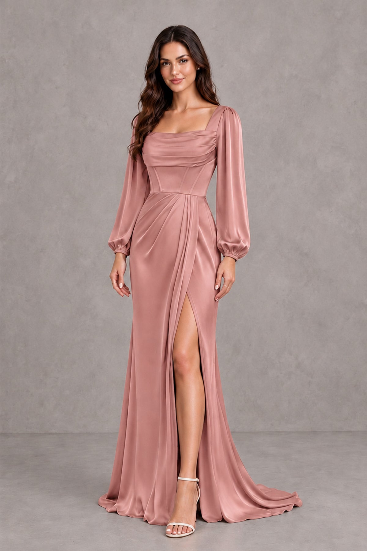 BOLODOO Dusty Rose Satin-Look Long Sleeve Evening Dress with High Slit - Dusty Rose - Dusty Rose_4