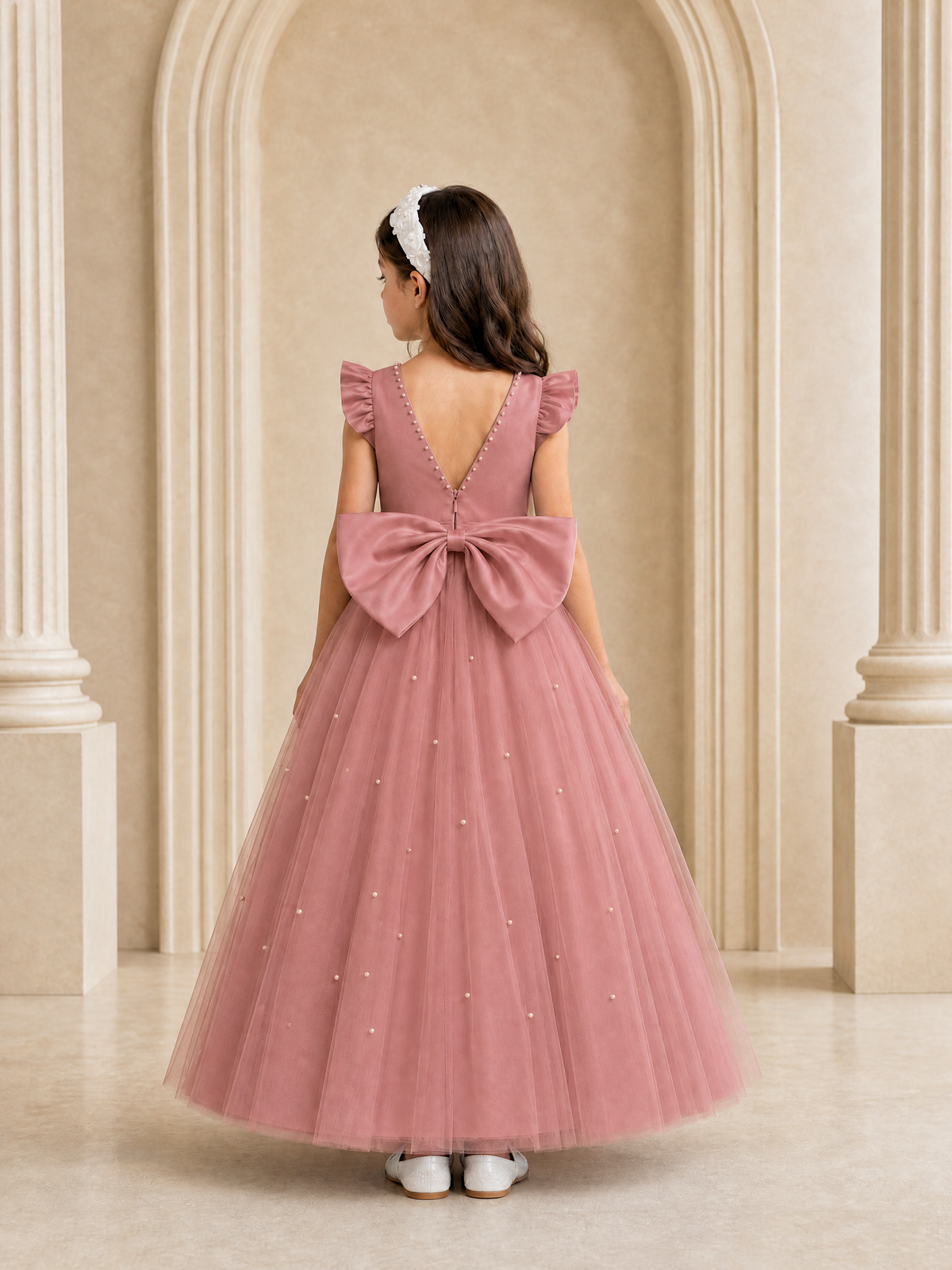 BOLODOO Dusty Rose Tulle Flower Girl Dress with Ruffle Sleeves & Bow Back - Dusty Rose - Dusty_Rose_4