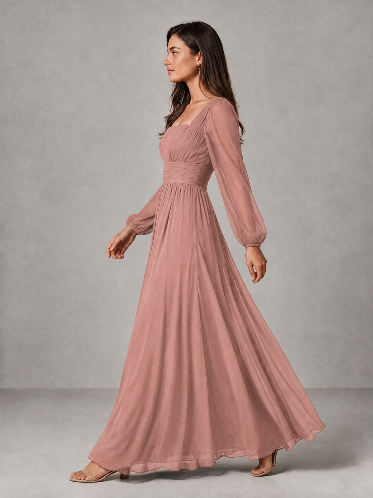 BOLODOO Dusty Rose Square Neck Long Sleeve Chiffon Bridesmaid Dress - Dusty Rose - Dusty Rose_4