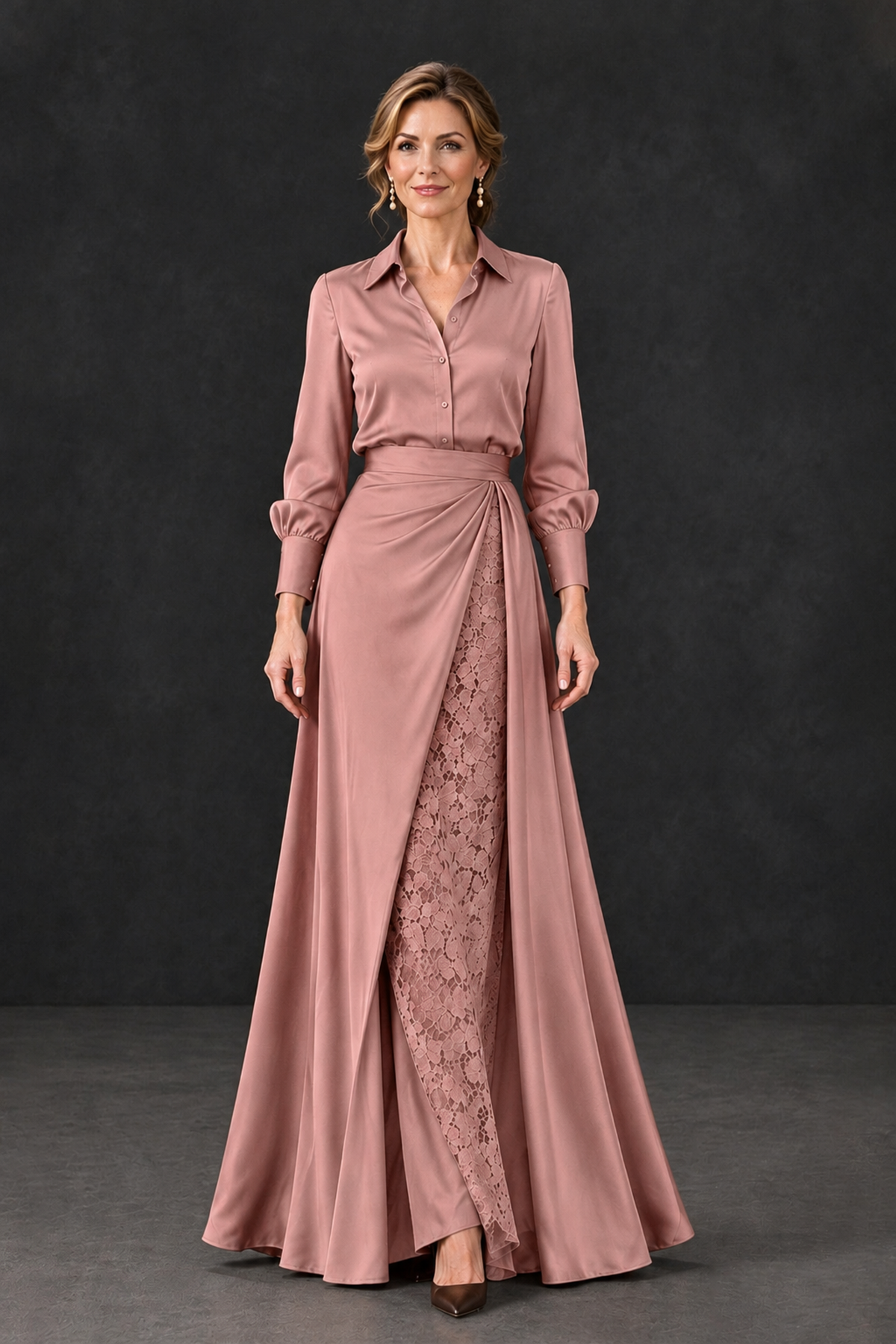 BOLODOO Dusty Rose Long Sleeve Satin-Look Lace Panel Gown - Dusty Rose - Dusty Rose_4