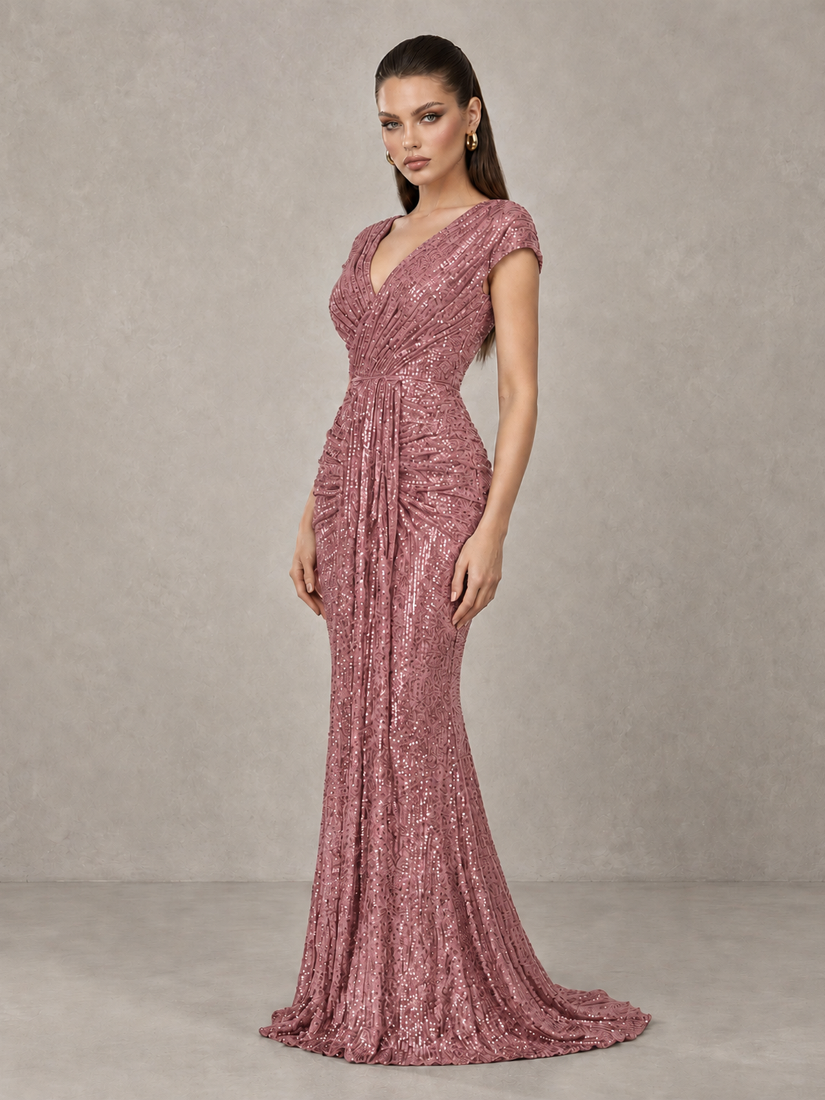 BOLODOO Dusty Rose Glitter V-Neck Cap Sleeve Ruched Mermaid Evening Gown - Dusty Rose - Dusty Rose_4