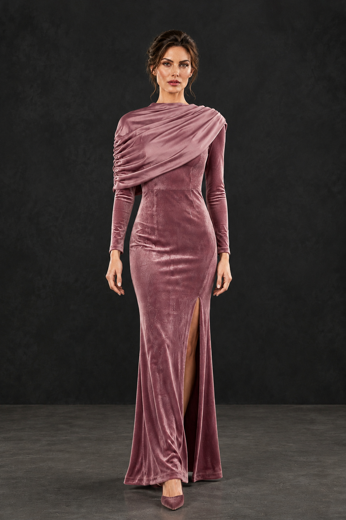 BOLODOO Dusty Rose Velvet Long Sleeve Draped Mother of the Bride Dress - Dusty Rose - Dusty_Rose_4