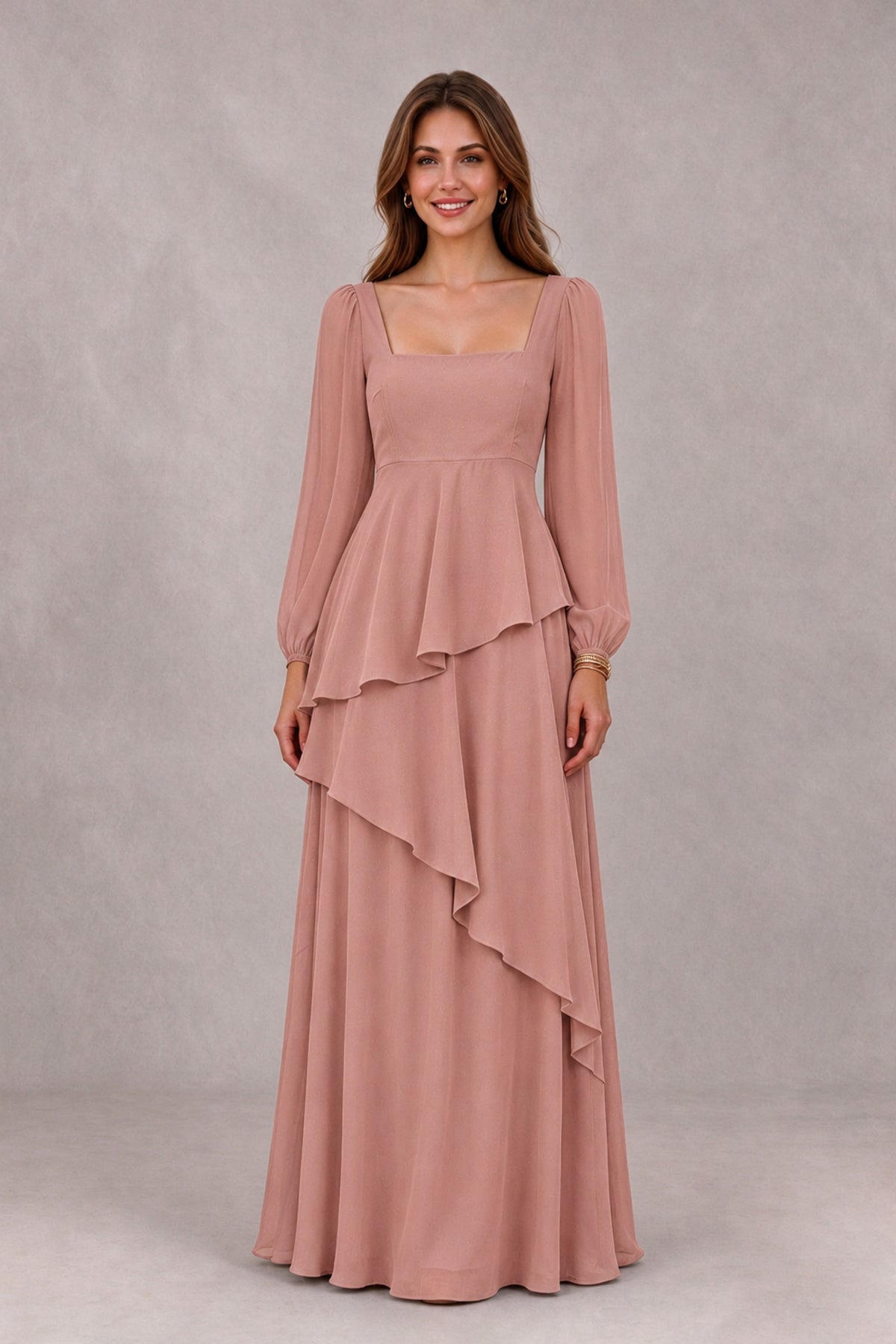 BOLODOO Dusty Rose Long Sleeve Ruffle Bridesmaid Dresses - Dusty Rose - Dusty Rose_4