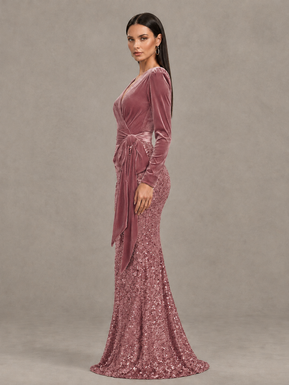 BOLODOO Dusty Rose Velvet & Sequin Long Sleeve V-Neck Mermaid Evening Gown - Dusty Rose - Dusty Rose_4