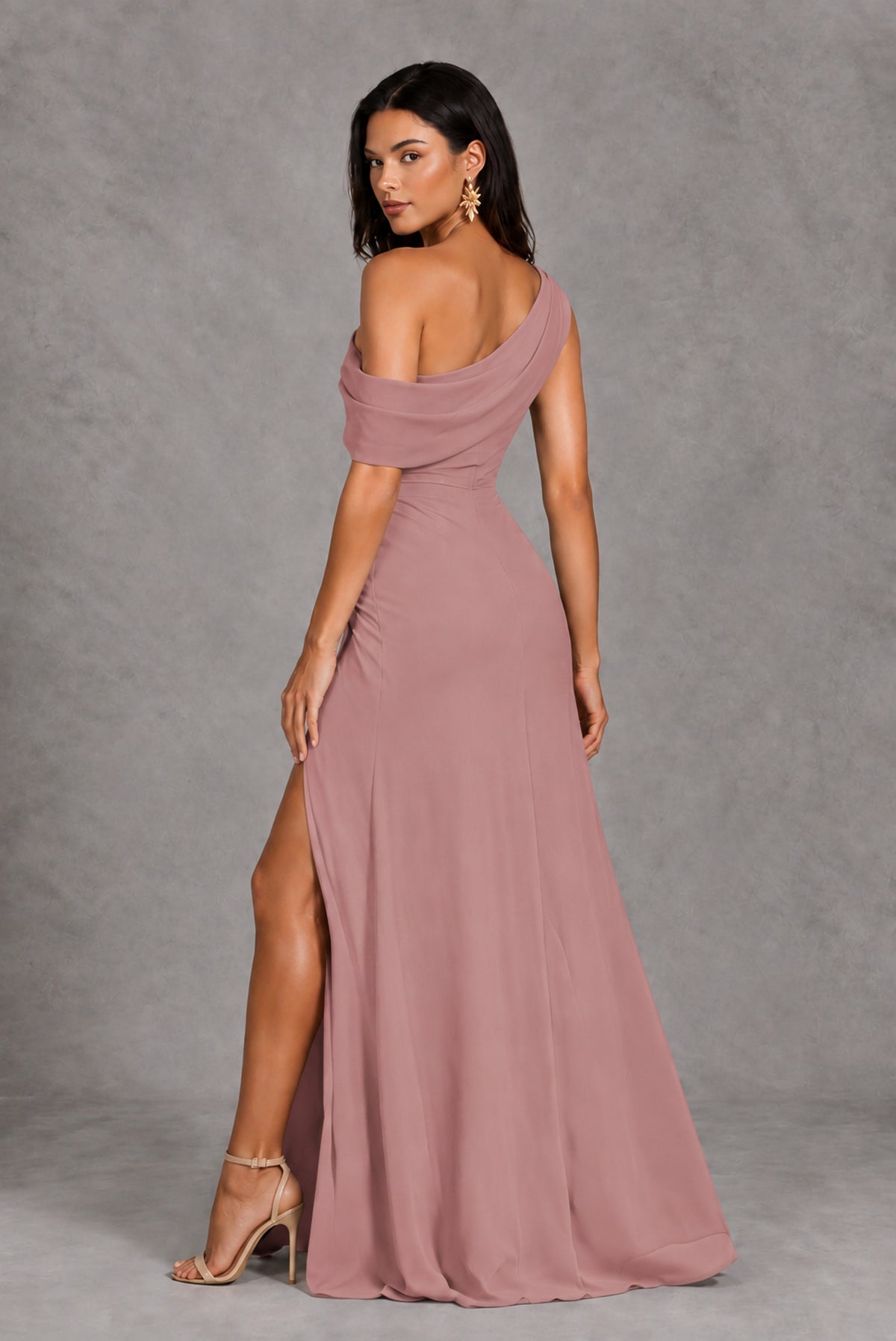 Dusty Rose One-Shoulder Floor-Length Evening Gown with High Slit - Dusty Rose