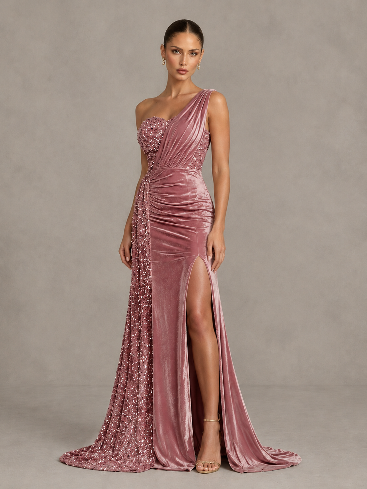 BOLODOO Dusty Rose One-Shoulder Satin Sequin Gown with High Slit - Dusty Rose - Dusty Rose_4