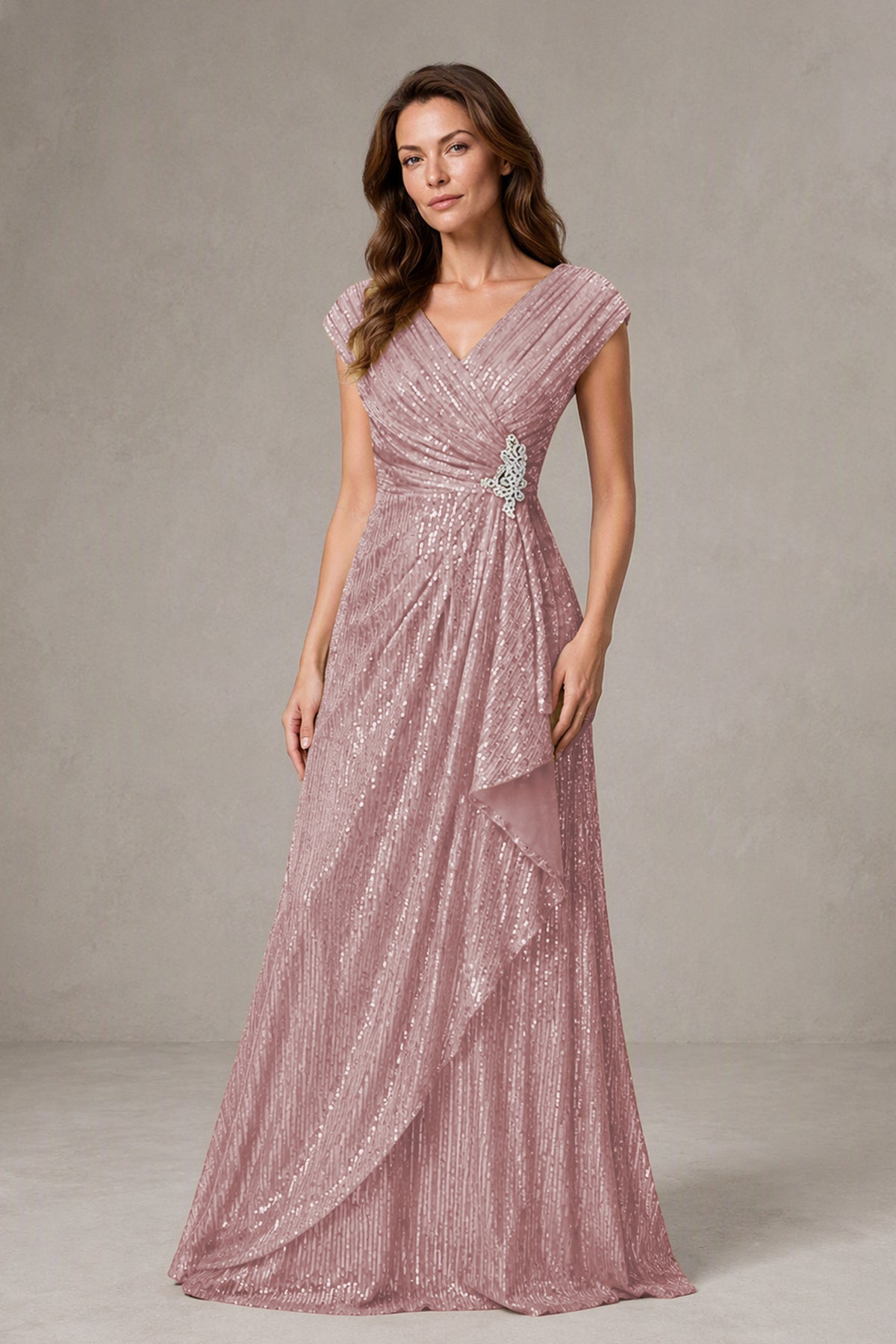 BOLODOO Dusty Rose Sequin V-Neck Cap Sleeve Maxi Dress - Dusty Rose