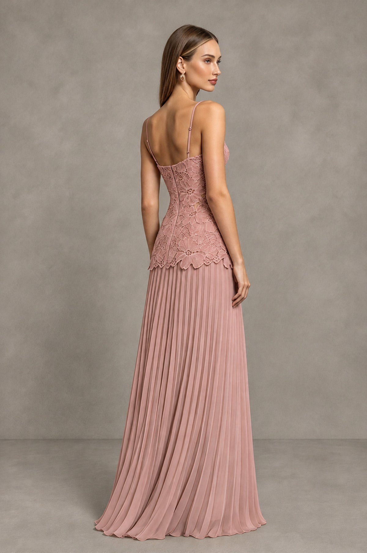 BOLODOO Dusty Rose Lace Bodice Pleated Wedding Guest Dress - Dusty Rose - Dusty Rose_4