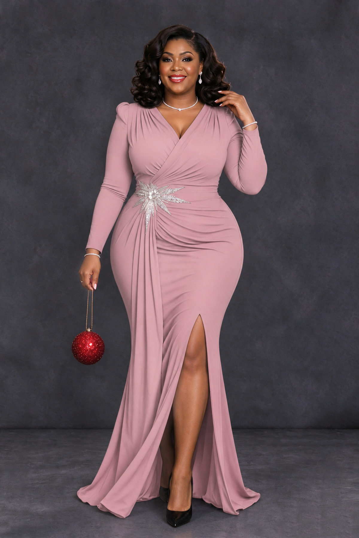 BOLODOO Dusty Rose Plus Size Long Sleeve V-Neck Mother of the Bride Dress with Slit - Dusty Rose - Dusty Rose_4