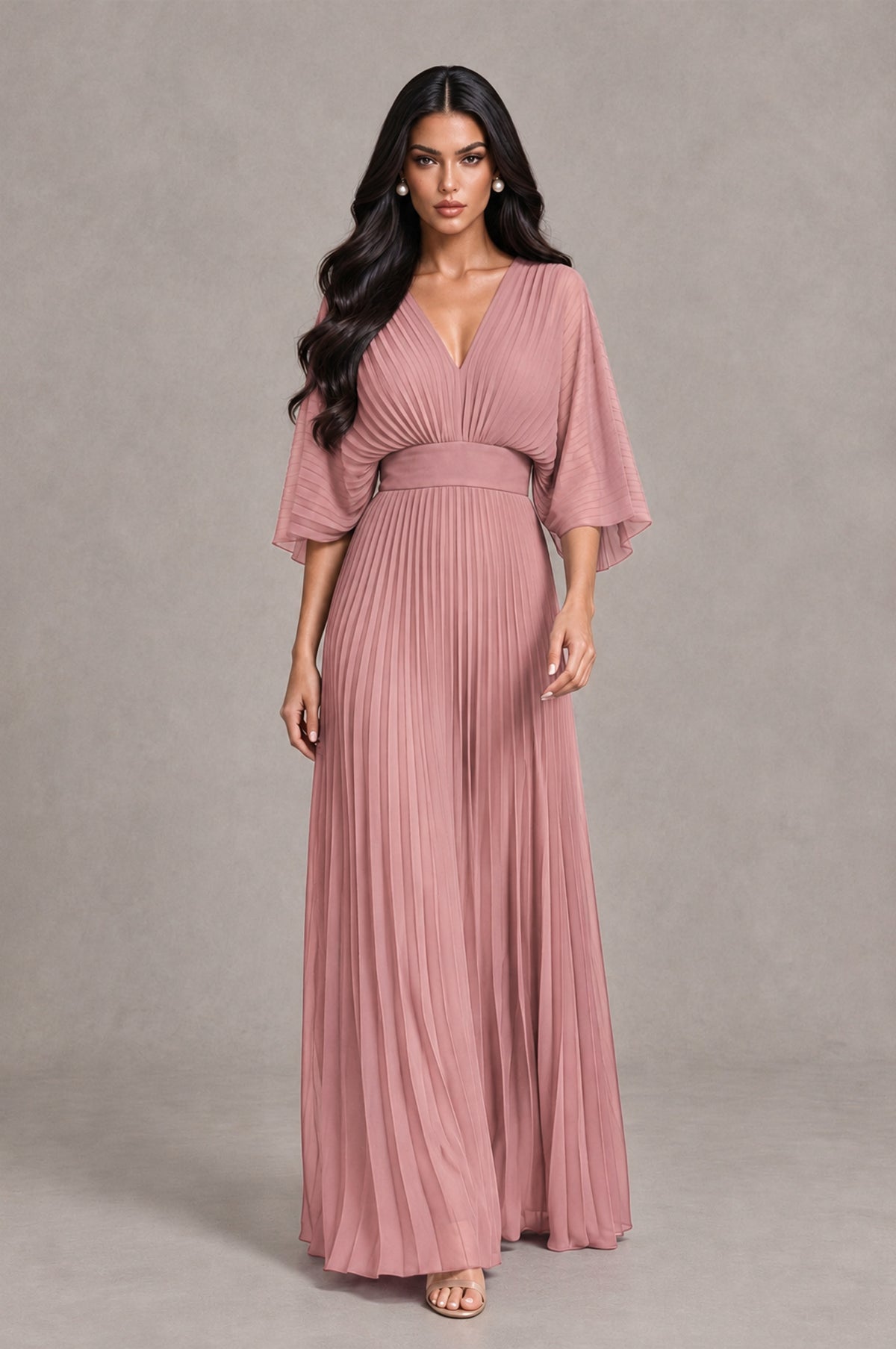 BOLODOO Dusty Rose V-Neck Pleated Flutter Sleeve Formal Dress - Dusty Rose - Dusty Rose_4