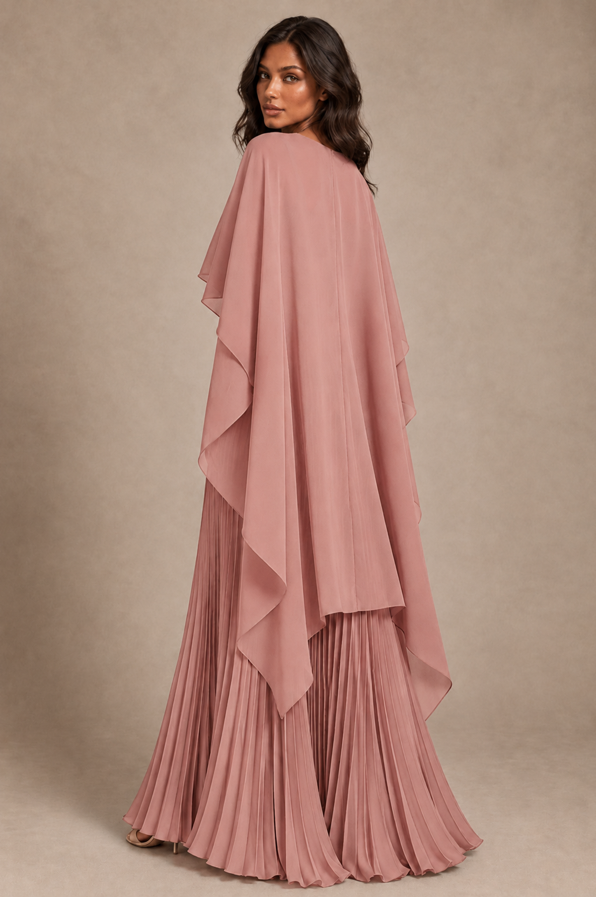 BOLODOO Dusty Rose Pleated Cape A-Line Evening Dress - Dusty Rose - Dusty_Rose_4