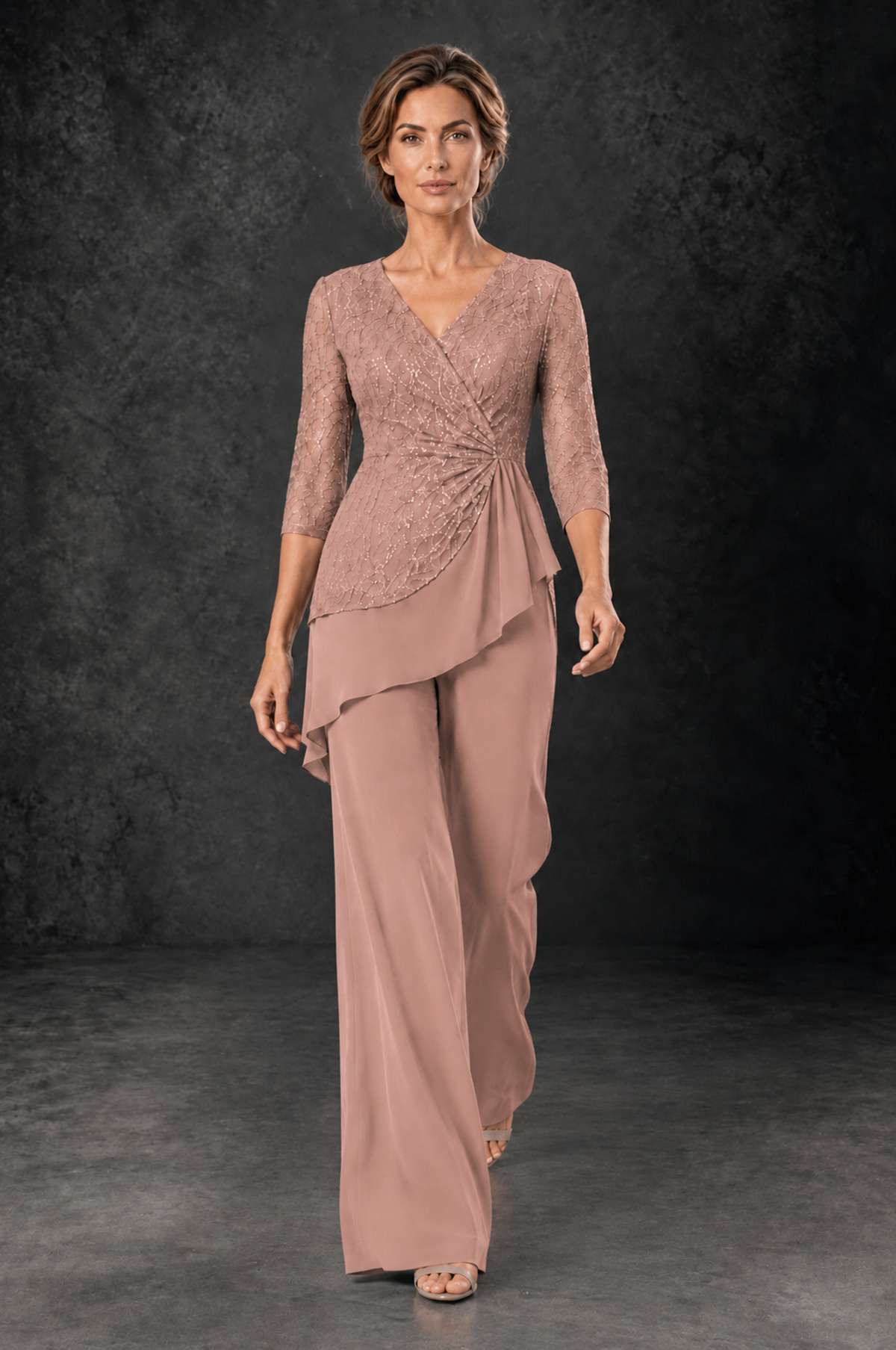 BOLODOO Dusty Rose Sequin Lace 3/4 Sleeve Chiffon Mother of the Bride Pant Suit - Dusty Rose - Dusty_Rose_4