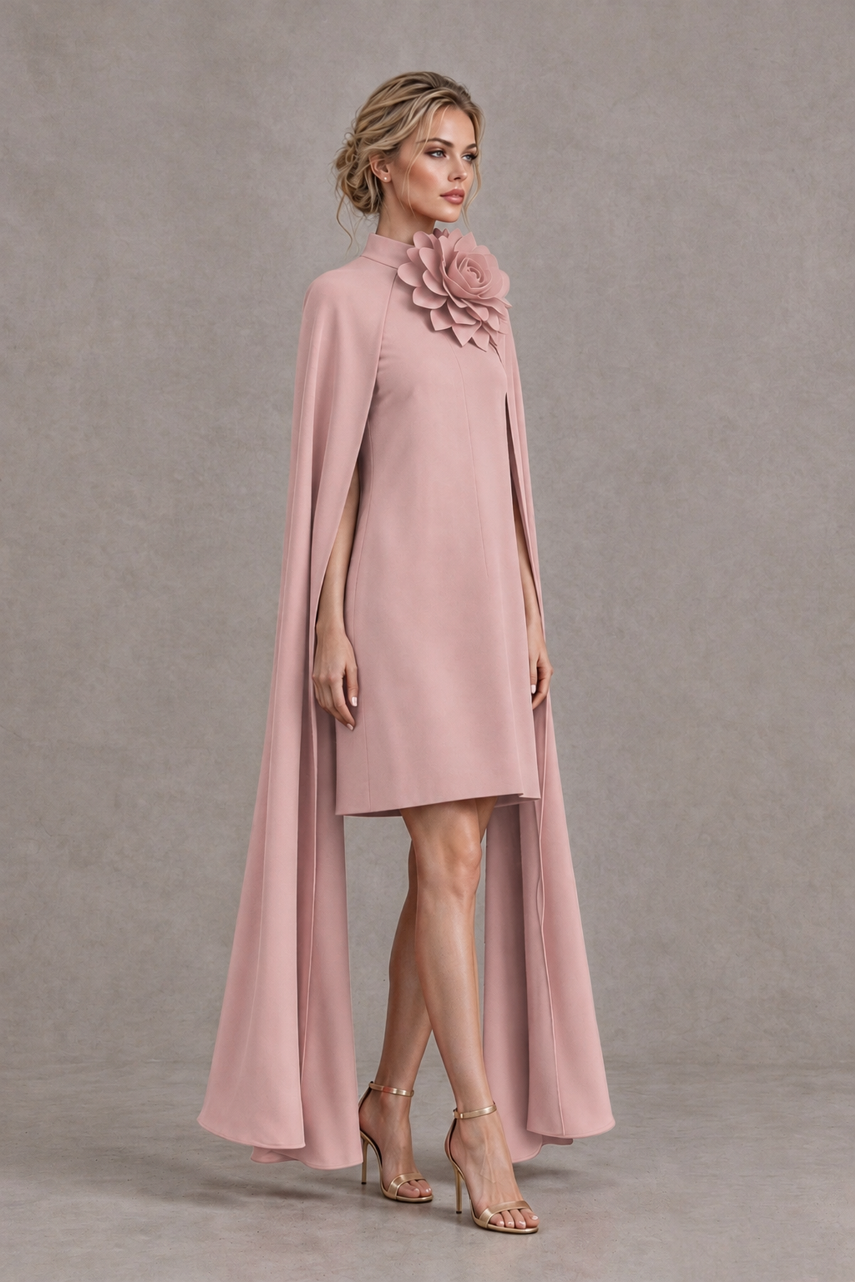 BOLODOO Dusty Rose High Neck Floral Cape Mini Cocktail Dress - Dusty Rose - Dusty Rose_4
