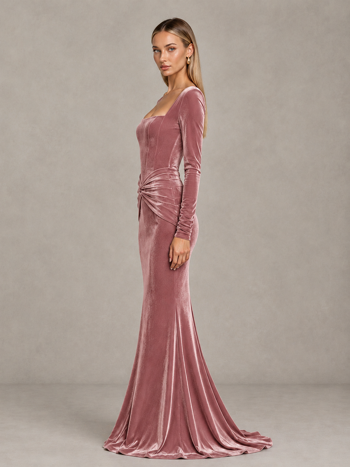 BOLODOO Dusty Rose Velvet-Look Square Neck Long Sleeve Mermaid Evening Dress - Dusty Rose - Dusty Rose_4