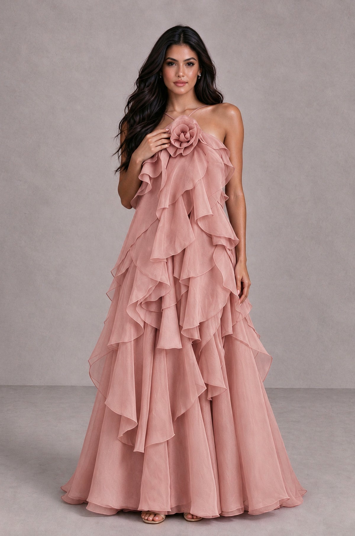 BOLODOO Dusty Rose Cascading Ruffle Rosette Open-Back Maxi Dress - Dusty Rose - Dusty Rose_4