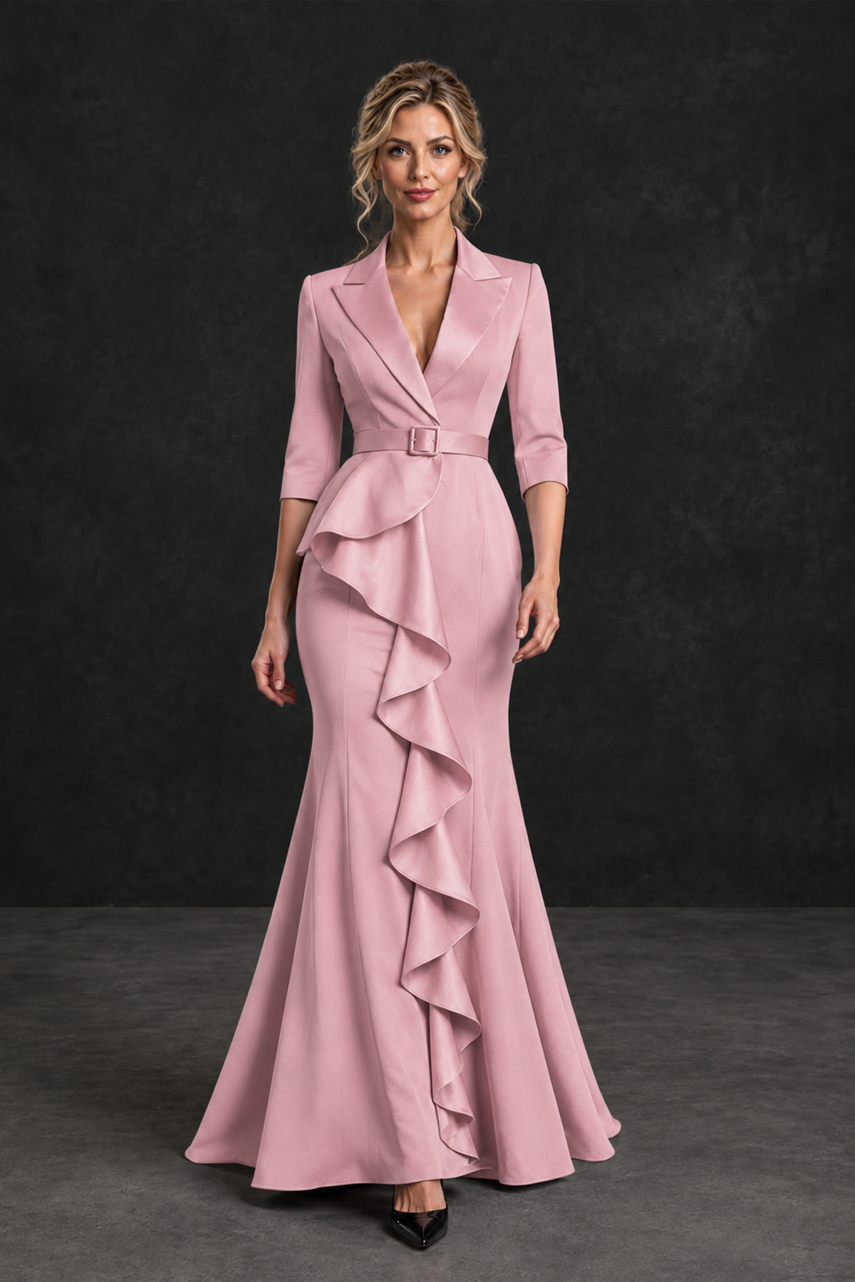 BOLODOO Dusty Rose Lapel Ruffle Mother of the Bride Dress with Belt - Dusty Rose - Dusty Rose_4