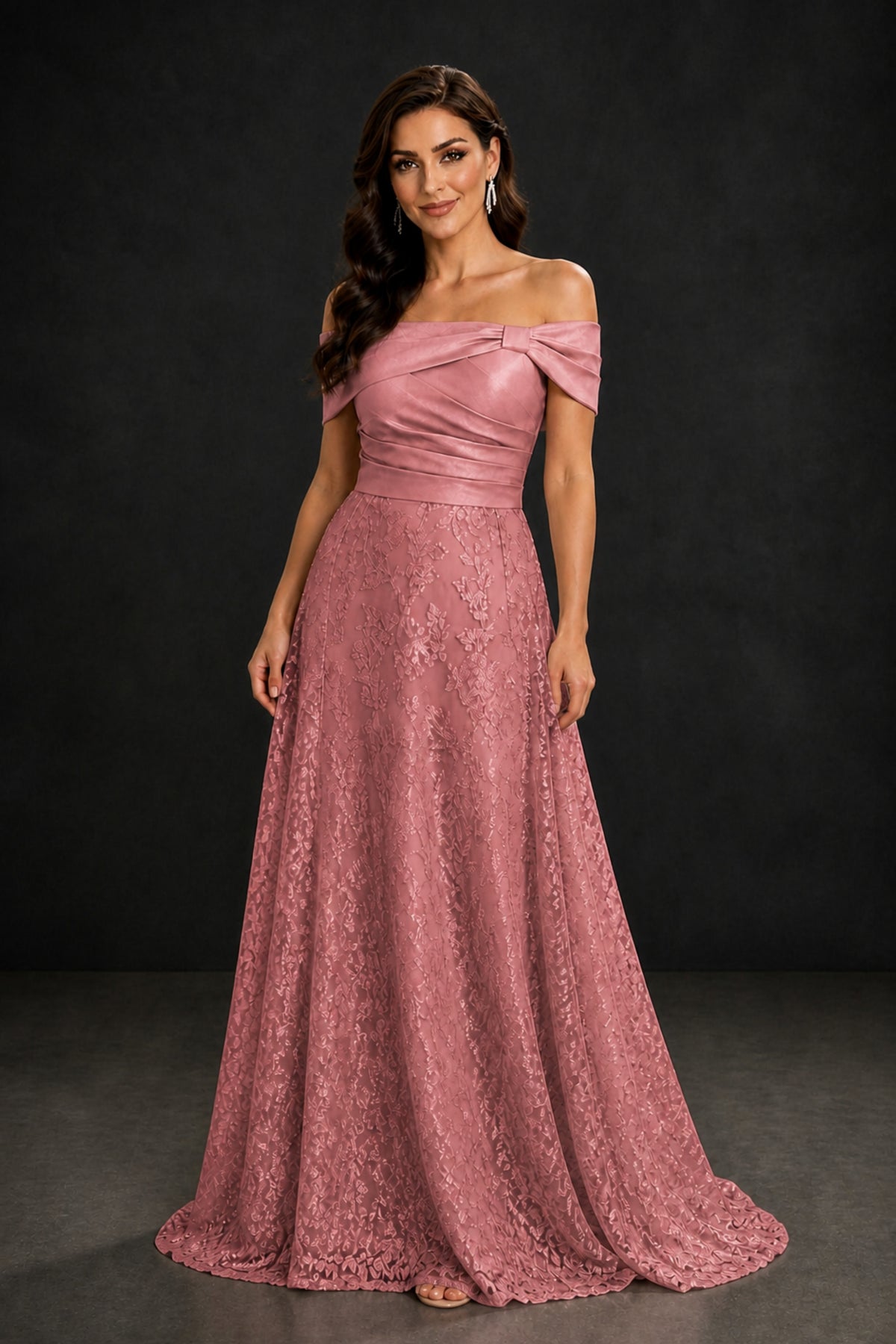 BOLODOO Dusty Rose Lace Glitter Off Shoulder Cap Sleeve A-Line Ball Gown with Train – Formal Evening Dress - Dusty Rose