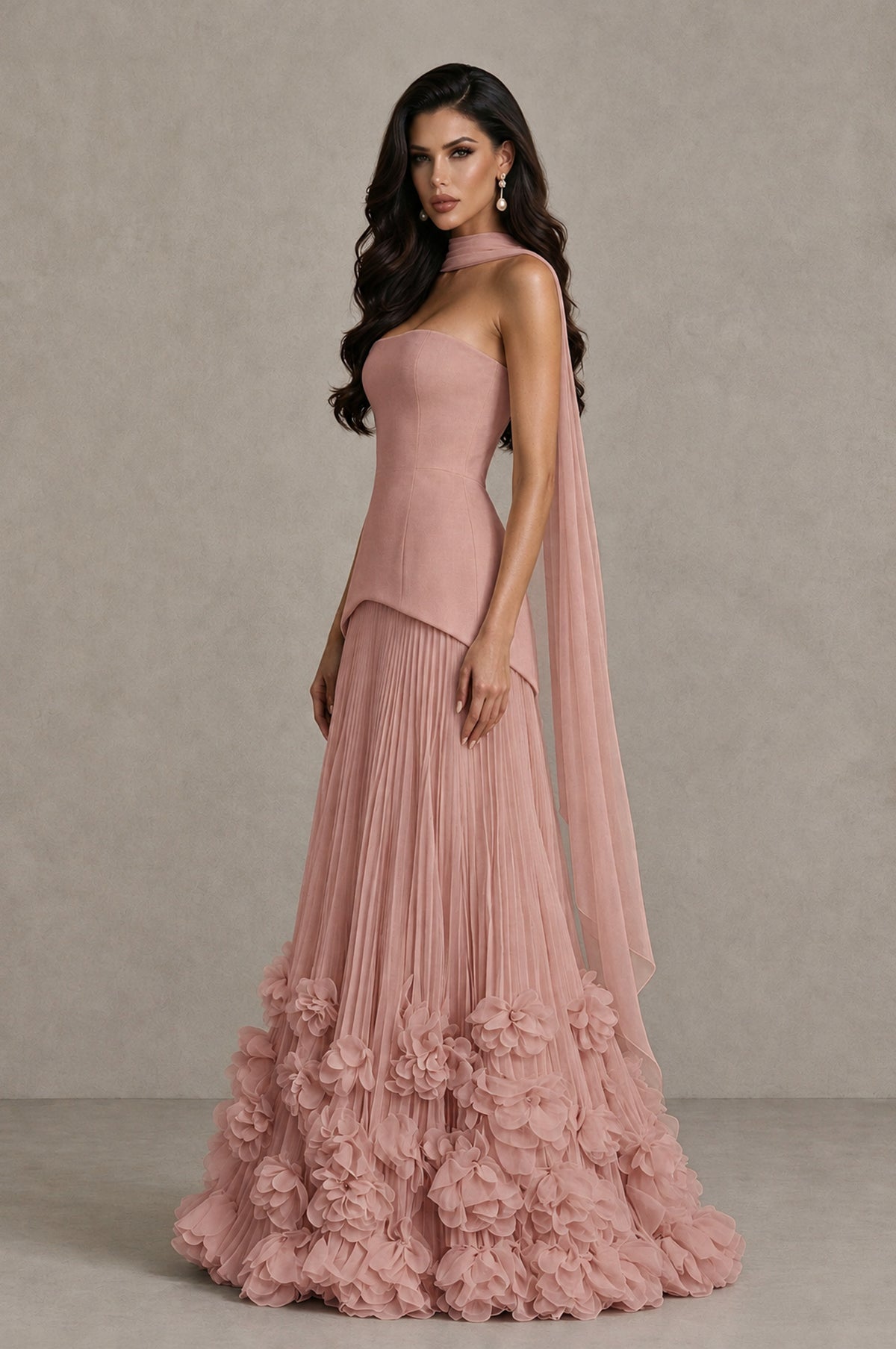 BOLODOO Dusty Rose Strapless Pleated Floral Hem Evening Gown - Dusty Rose - Dusty Rose_4