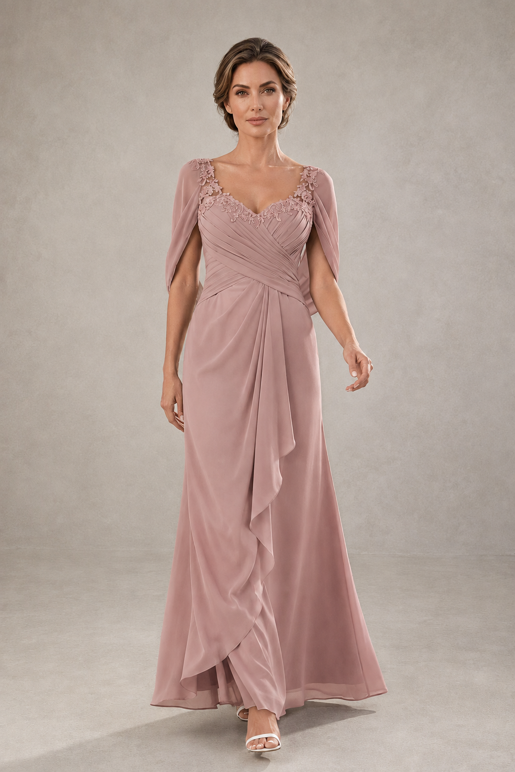 BOLODOO Dusty Rose Chiffon V-Neck Lace Applique Cape Sleeve Cascade Ruffle Lace-Up Back Sheath Maxi Evening Dress - Dusty Rose
