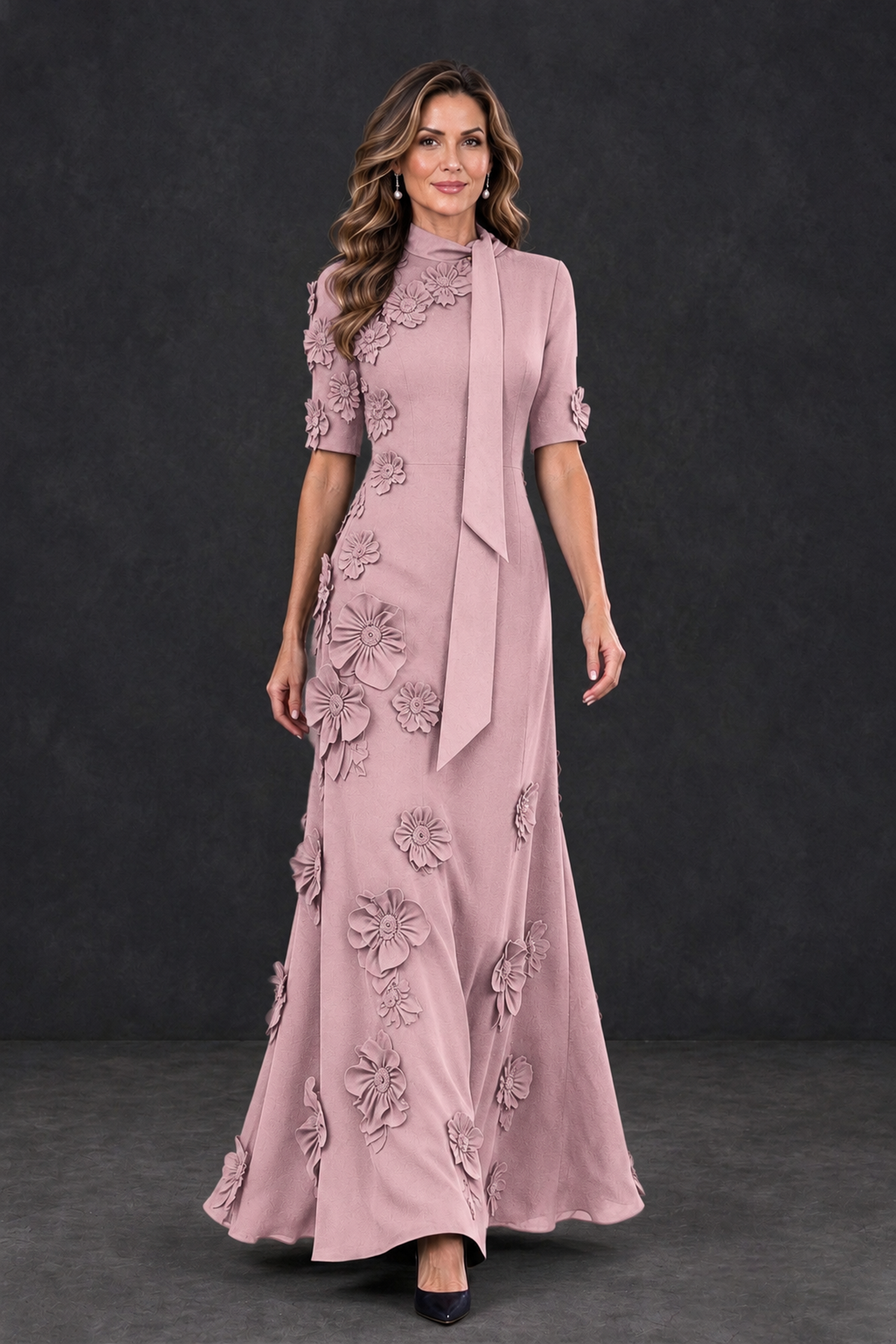 BOLODOO Dusty Rose Floral Applique High-Neck Half-Sleeve Gown - Dusty Rose - Dusty Rose_4