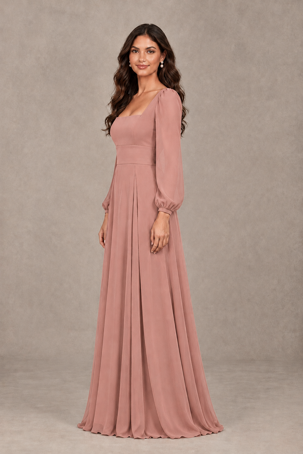 BOLODOO Dusty Rose Square Neck Long Sleeve A-Line Bridesmaid Dress - Dusty Rose - Dusty Rose_4