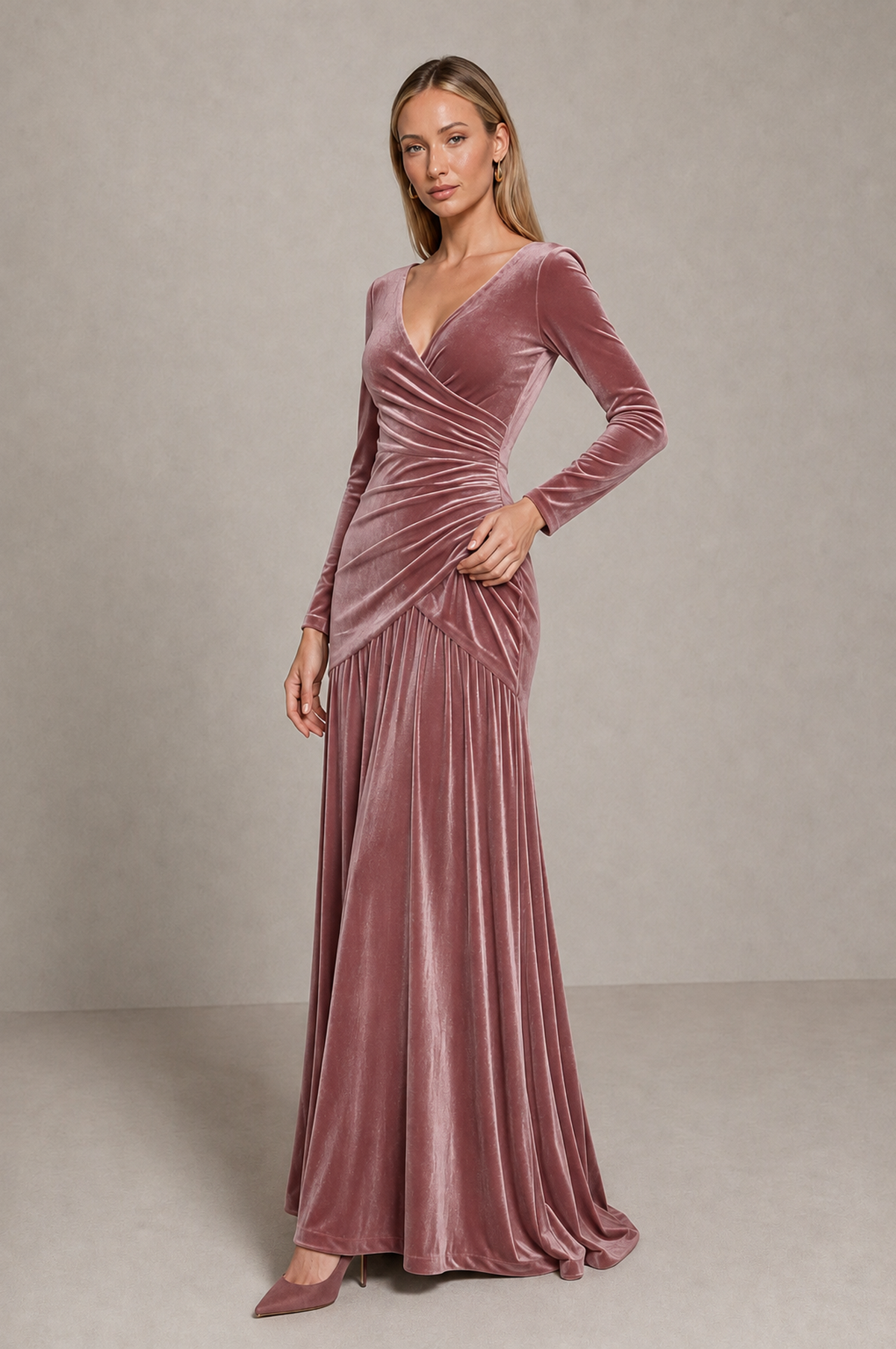 BOLODOO Dusty Rose Velvet Long Sleeve V-Neck Ruched Evening Dress - Dusty Rose - Dusty_Rose_4