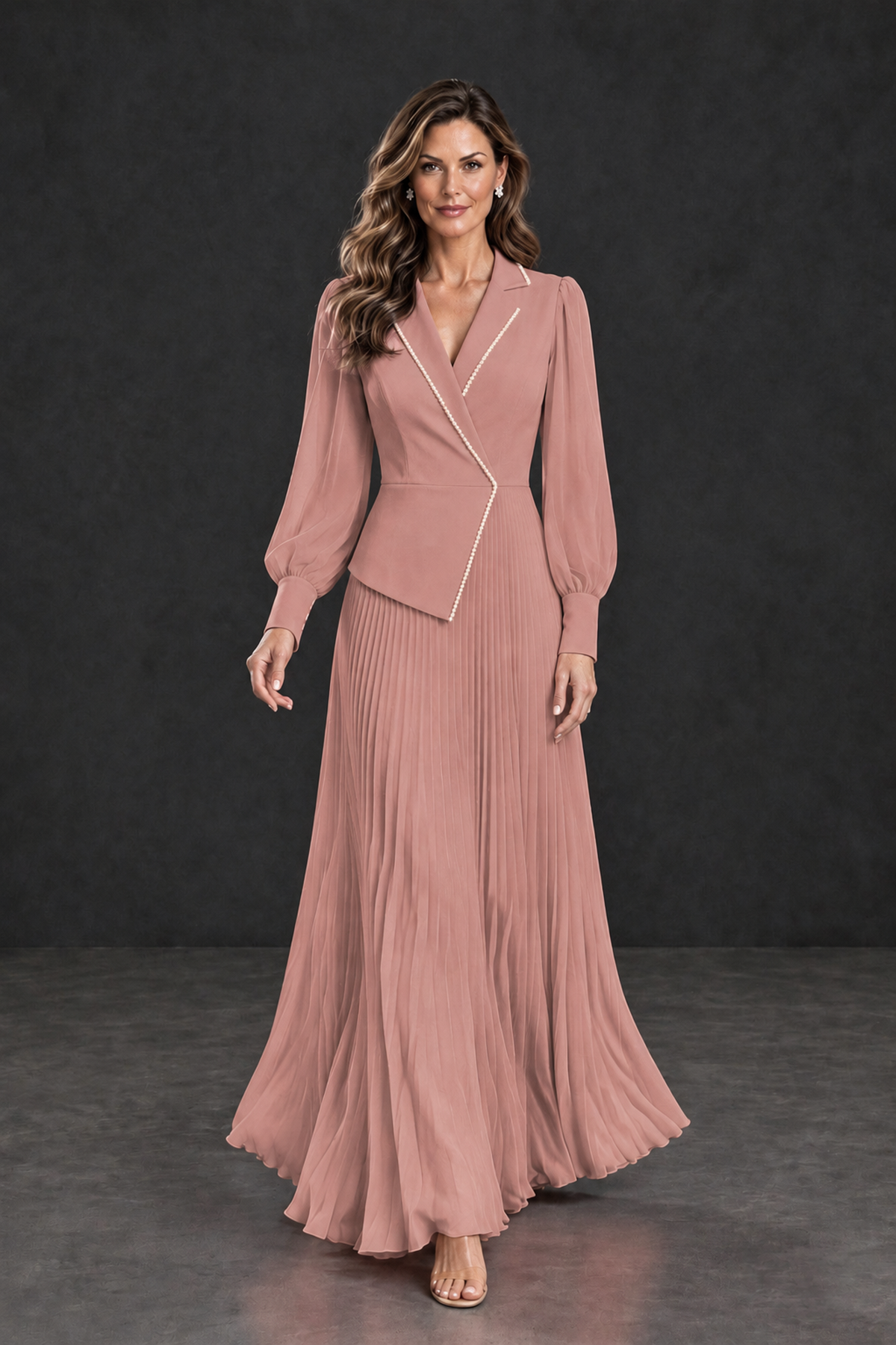 BOLODOO Dusty Rose Long Sleeve Pleated Mother of the Bride Dress - Dusty Rose - Dusty Rose_4