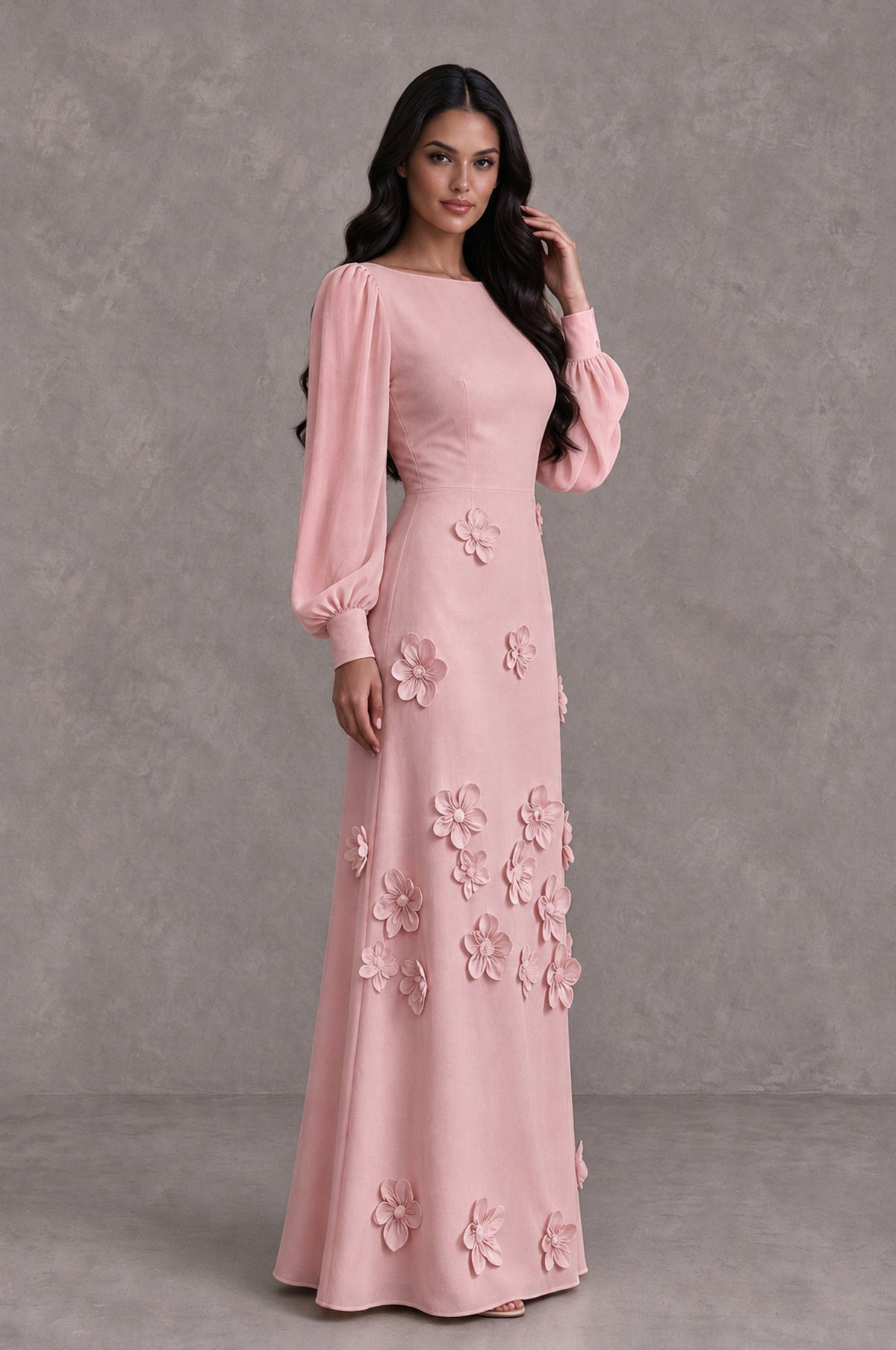 BOLODOO Dusty Rose Long Sleeve Floral Applique A-Line Evening Dress - Dusty Rose - Dusty Rose_4