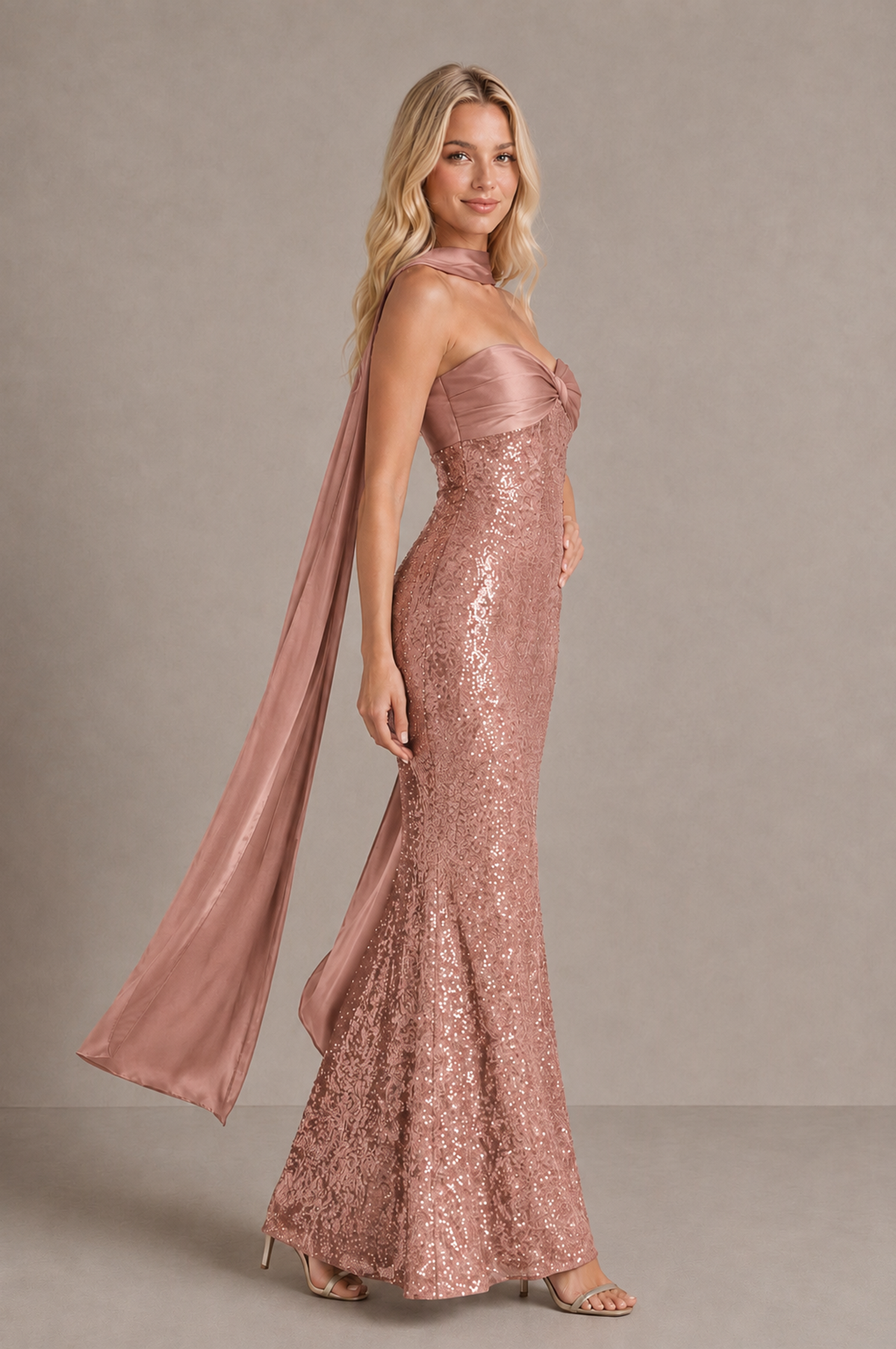 BOLODOO Dusty Rose Strapless Sweetheart Evening Dress with Scarf - Dusty Rose - Dusty_Rose_4