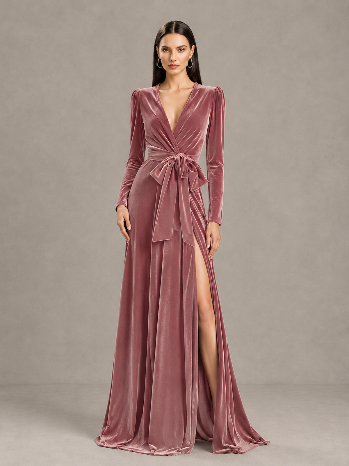 BOLODOO Dusty Rose Long Sleeve Velvet-Look Evening Dress with High Slit - Dusty Rose - Dusty Rose_4