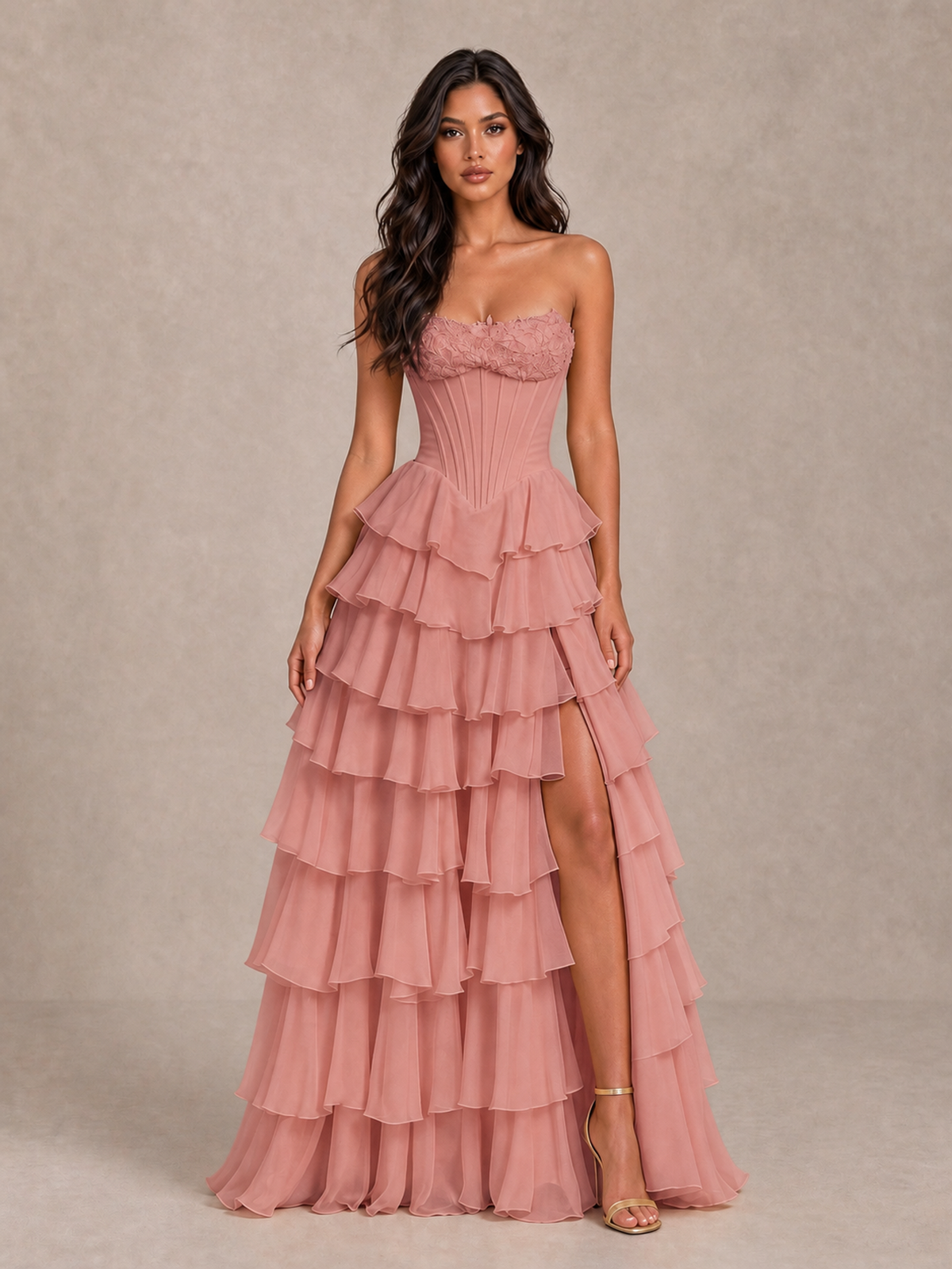 BOLODOO Dusty Rose Strapless Corset Tiered Ruffle Prom Dress with High Slit - Dusty Rose - Dusty Rose_4