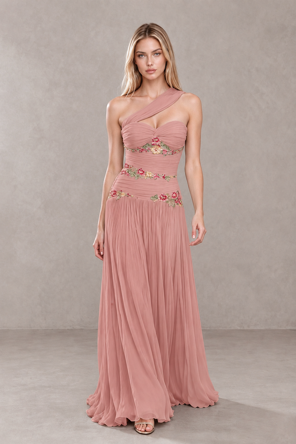 BOLODOO Dusty Rose One-Shoulder Floral Applique A-Line Evening Dress - Dusty Rose - Dusty Rose_4