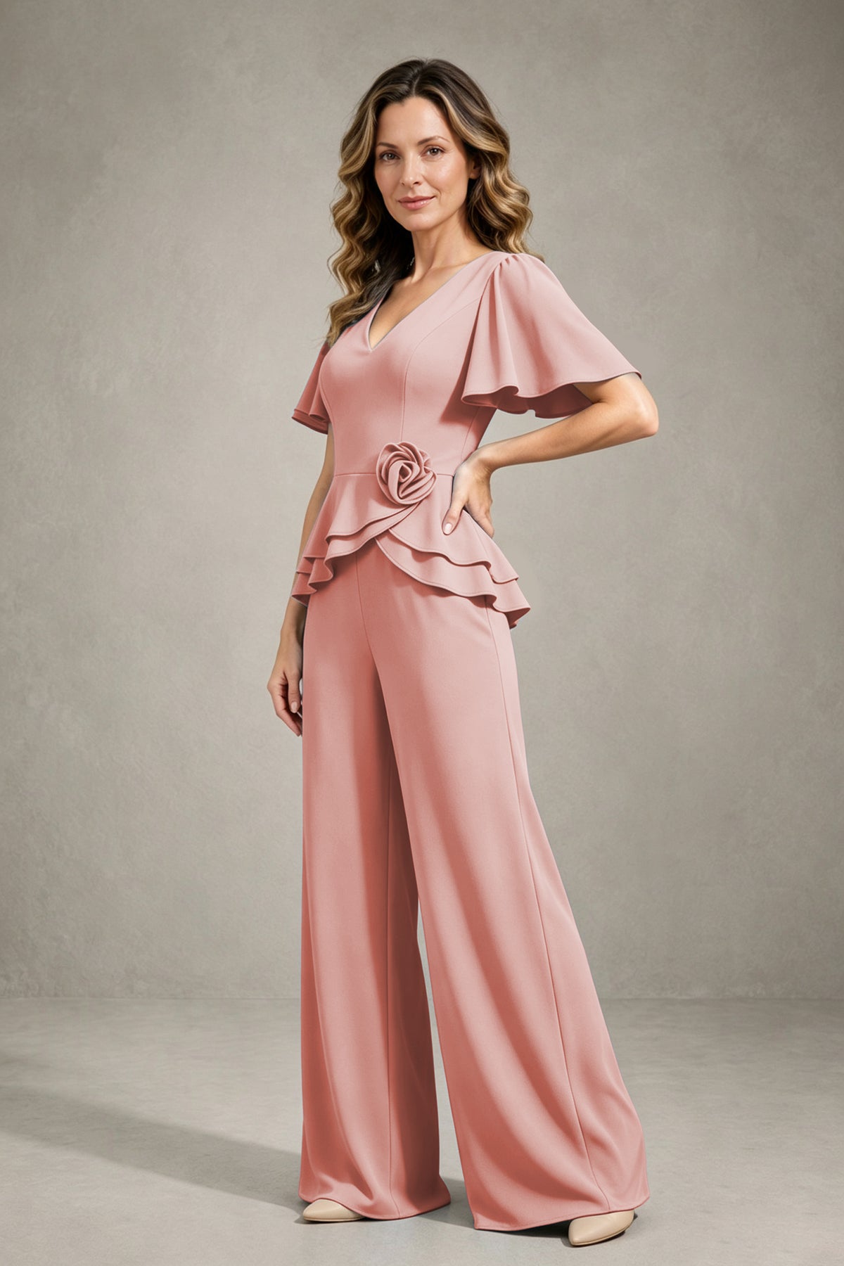 BOLODOO Dusty Rose Flutter Sleeve Peplum Wide-Leg Pant Suit - Dusty Rose