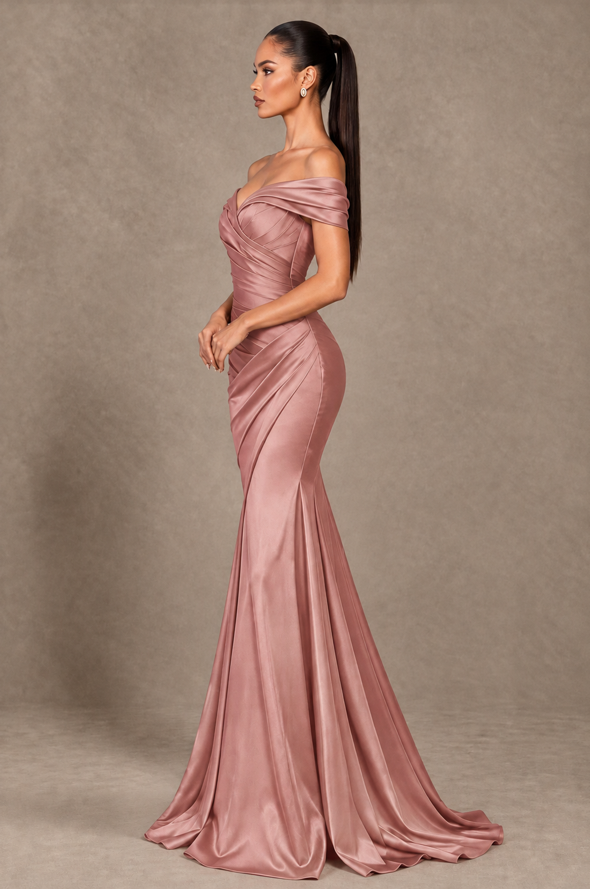 BOLODOO Dusty Rose Off-the-Shoulder Ruched Satin Mermaid Evening Dress - Dusty Rose - Dusty_Rose_4