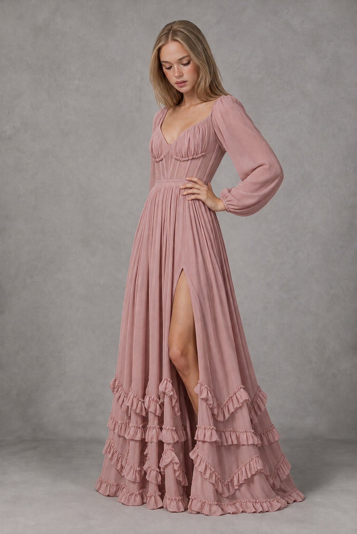 Dusty Rose Long-Sleeve Ruffle Maxi Dress with Lace-Up Back and Slit - Dusty Rose