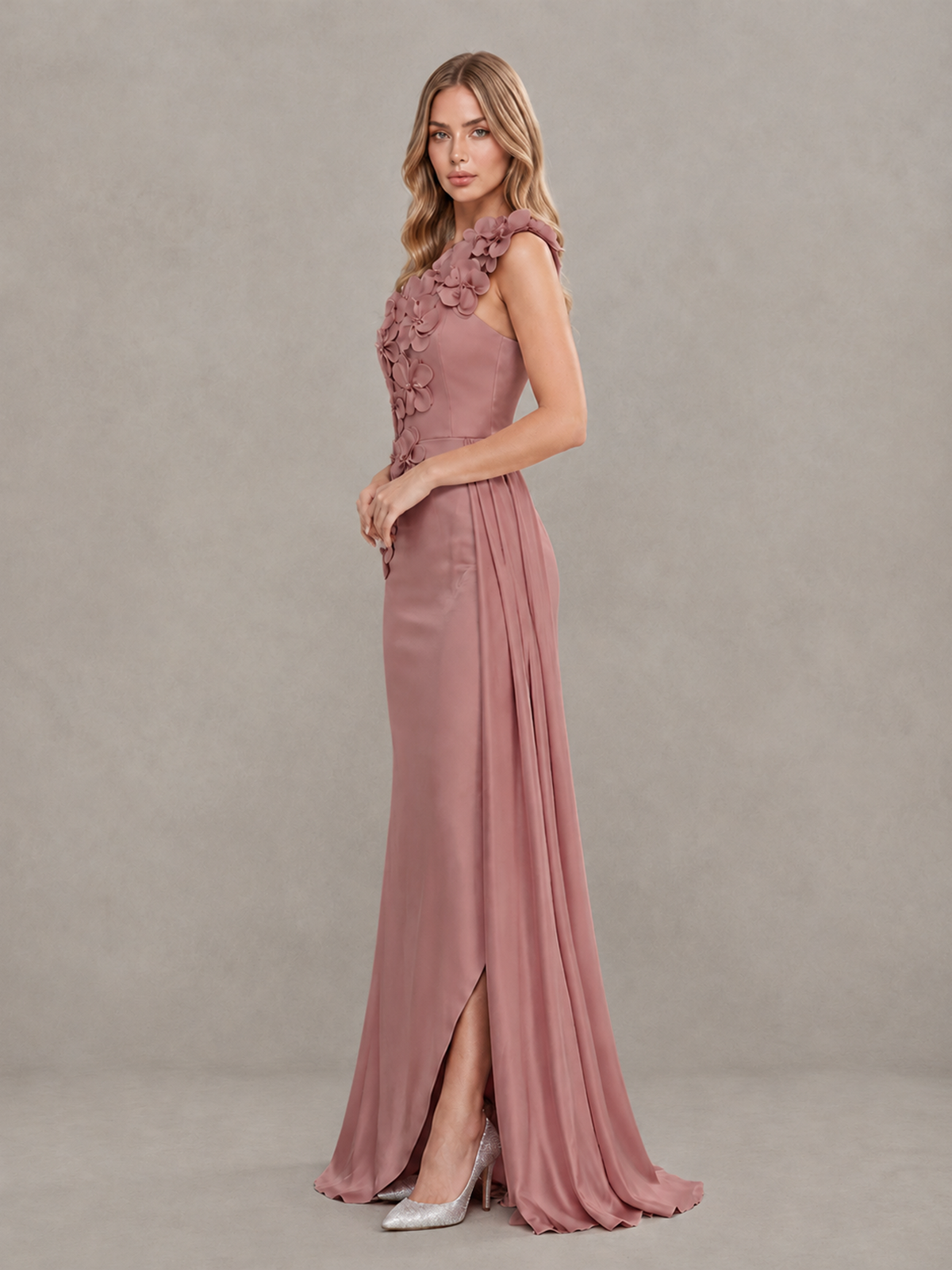 BOLODOO Dusty Rose One-Shoulder Satin Mermaid Evening Gown with 3D Floral Appliqué - Dusty Rose - Dusty Rose_4