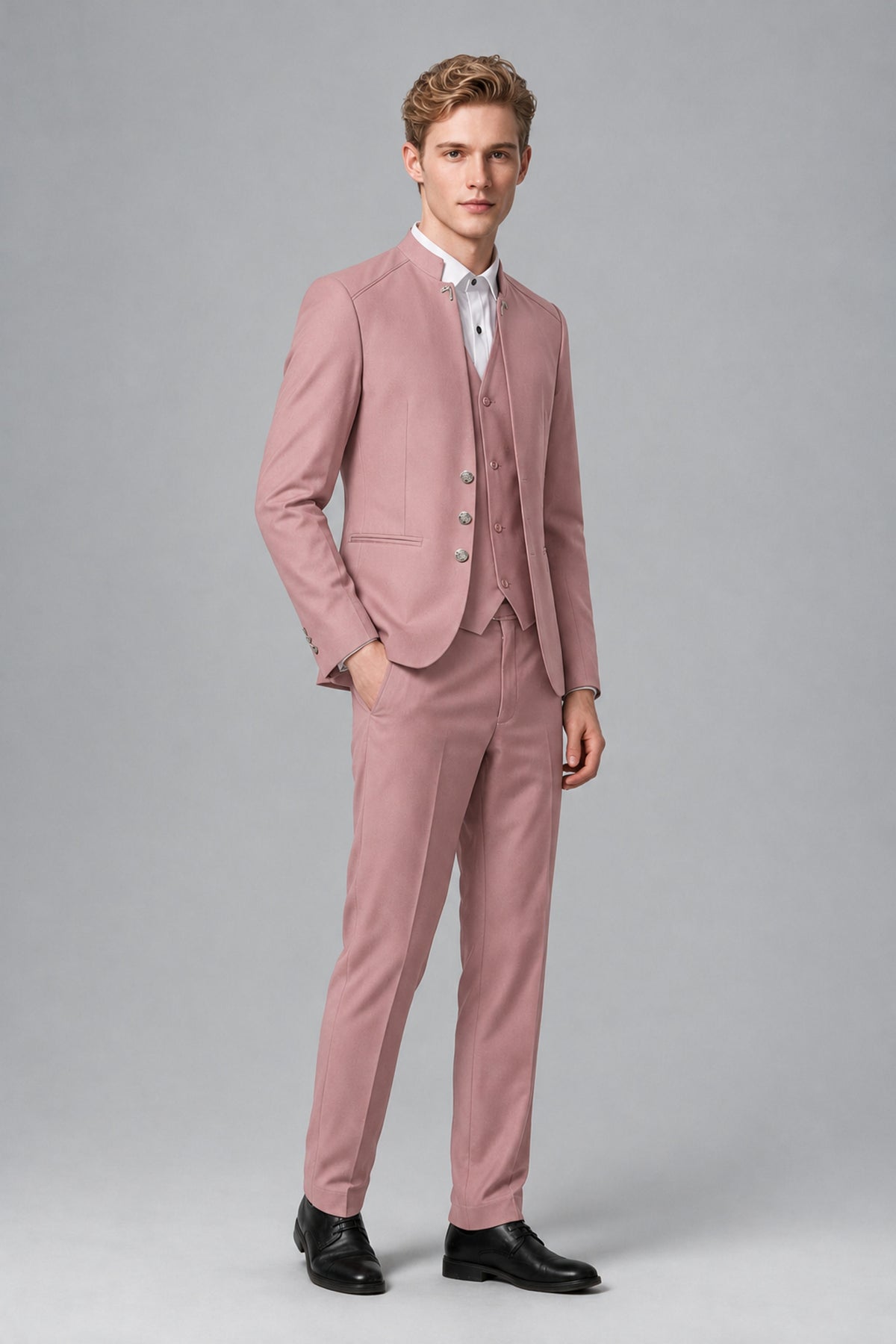 Bolodoo Men's Dusty Rose Mandarin Collar 3-Piece Suit – Jacket, Vest & Trousers - Dusty Rose - Dusty Rose_4