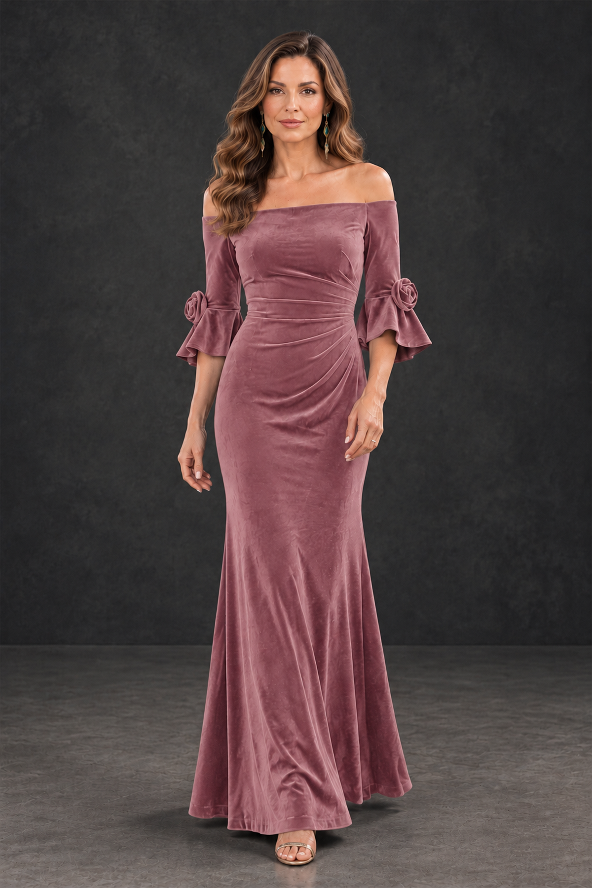 BOLODOO Dusty Rose Velvet Mother of the Bride Dress with Rosette Sleeves - Dusty Rose - Dusty_Rose_4