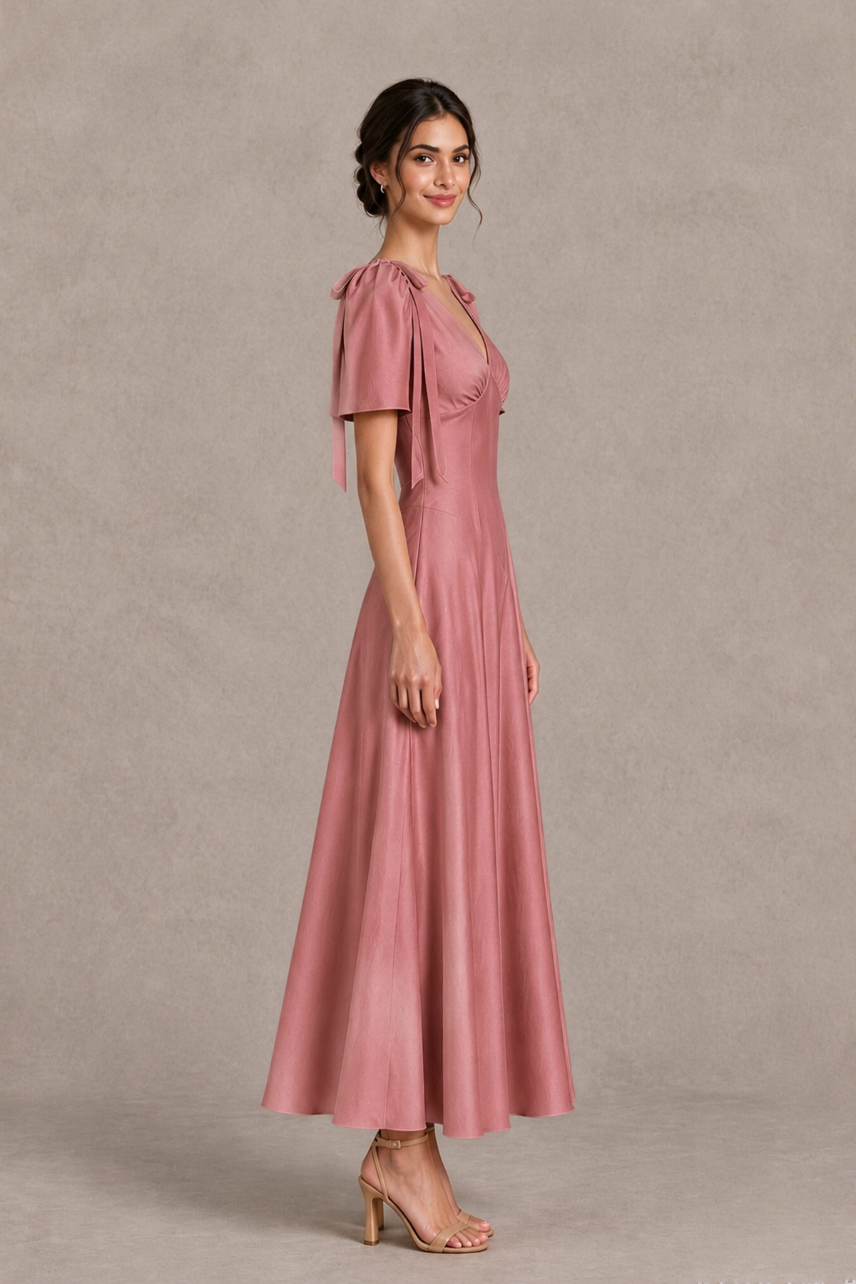 BOLODOO Dusty Rose V-Neck Short Sleeve Satin-Look Bridesmaid Dress with Shoulder Bows - Dusty Rose - Dusty Rose_4