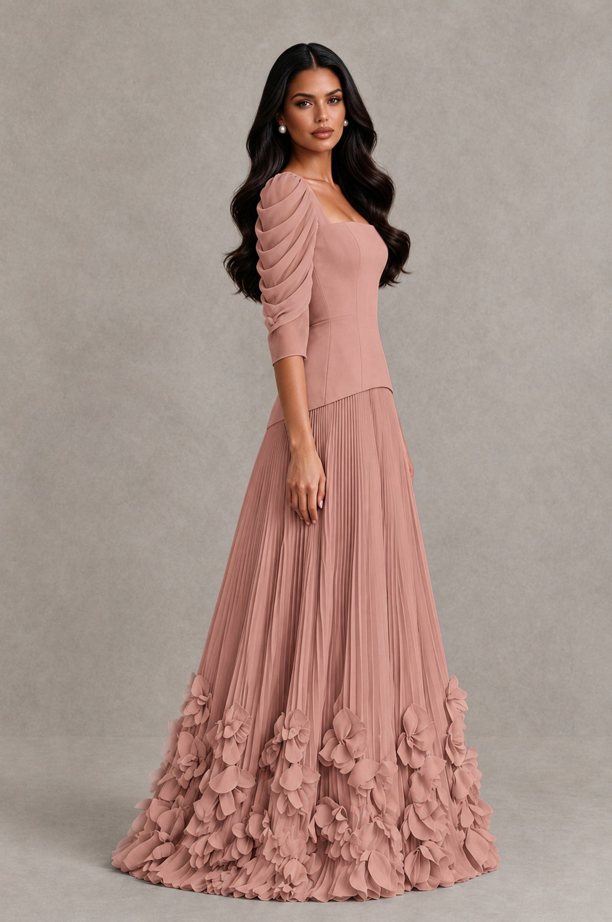BOLODOO Dusty Rose Square Neck Pleated Floral Applique Evening Dress - Dusty Rose - Dusty Rose_4